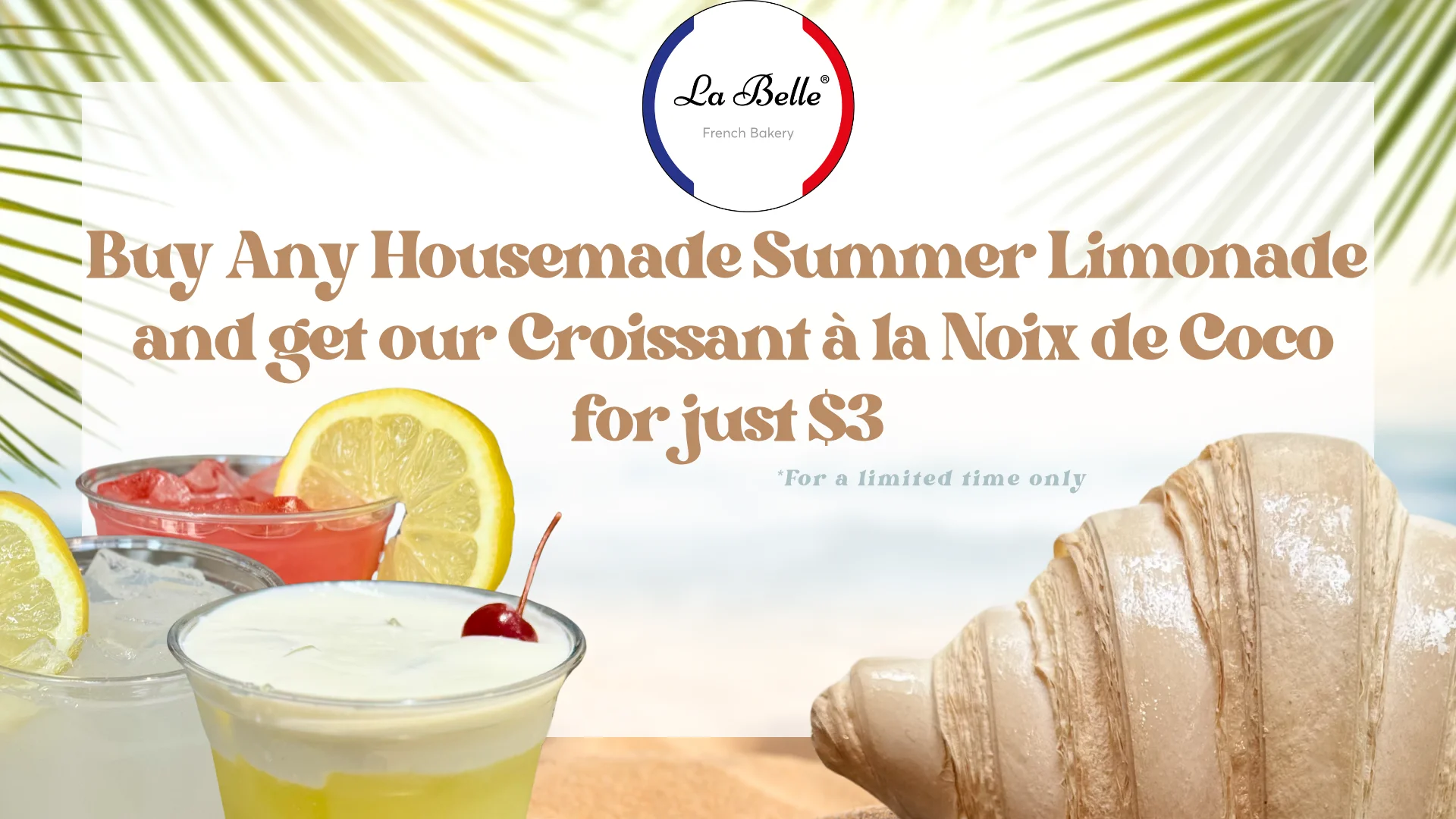 Refreshing summer lemonade and coconut croissant at a French bakery