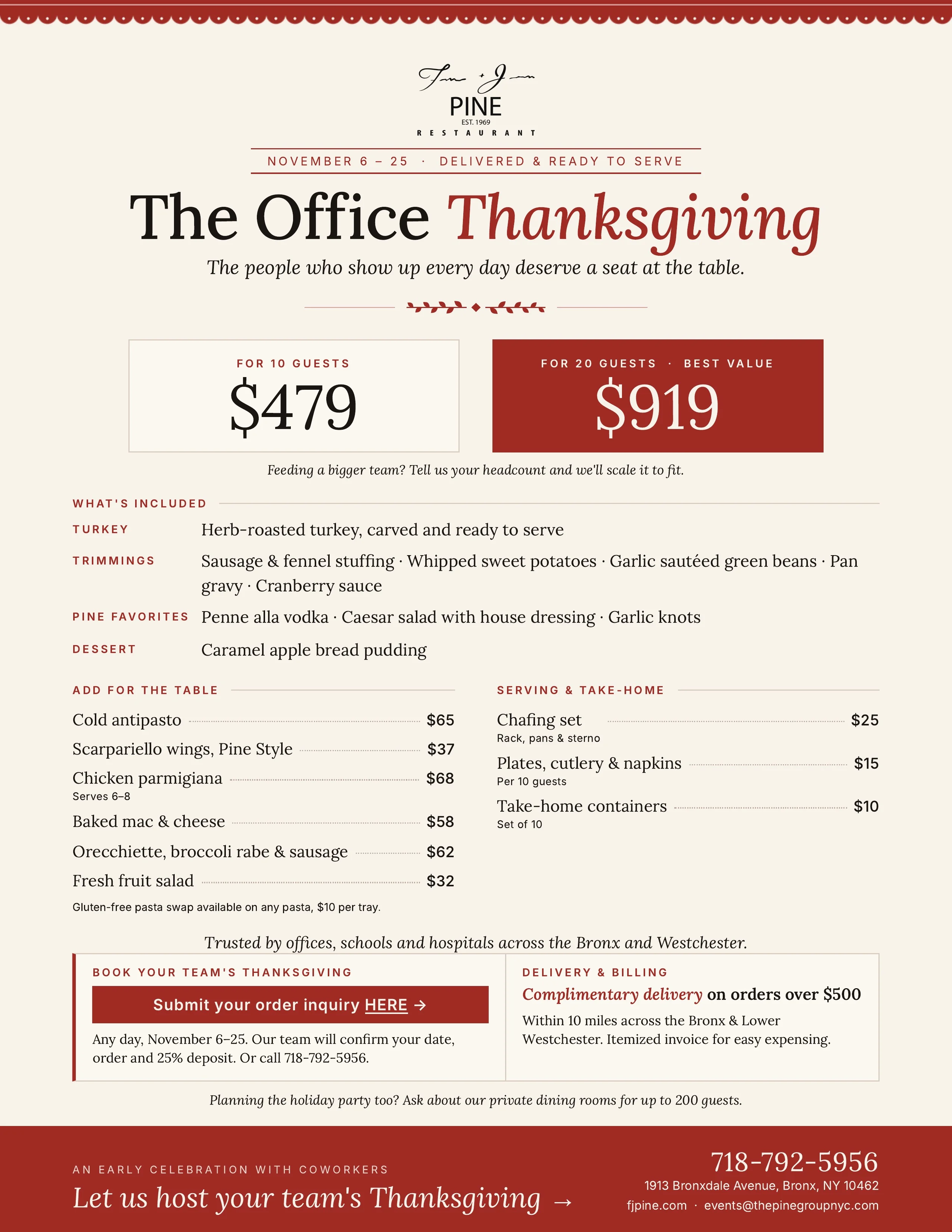 Restaurant Thanksgiving catering menu flyer with holiday meal packages