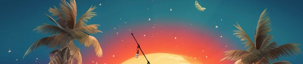 Tropical sunset with palm trees and a fishing rod silhouette