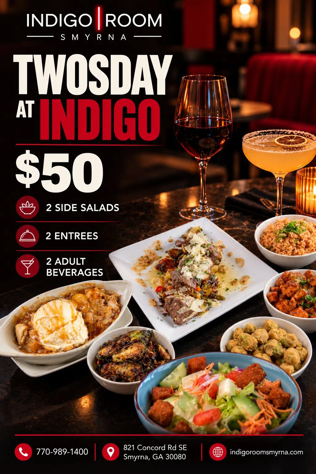 Restaurant dinner special graphic with plated dishes, wine, and cocktails