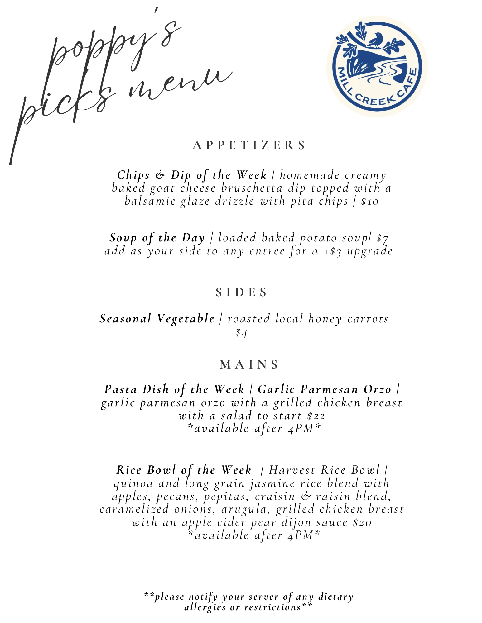 Greek cafe weekly specials menu with pasta, tacos, and chicken noodle soup