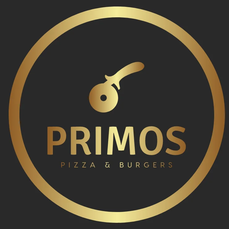 A logo featuring the name 'PRIMOS' in gold text, accompanied by a pizza cutter graphic within a circular gold border.