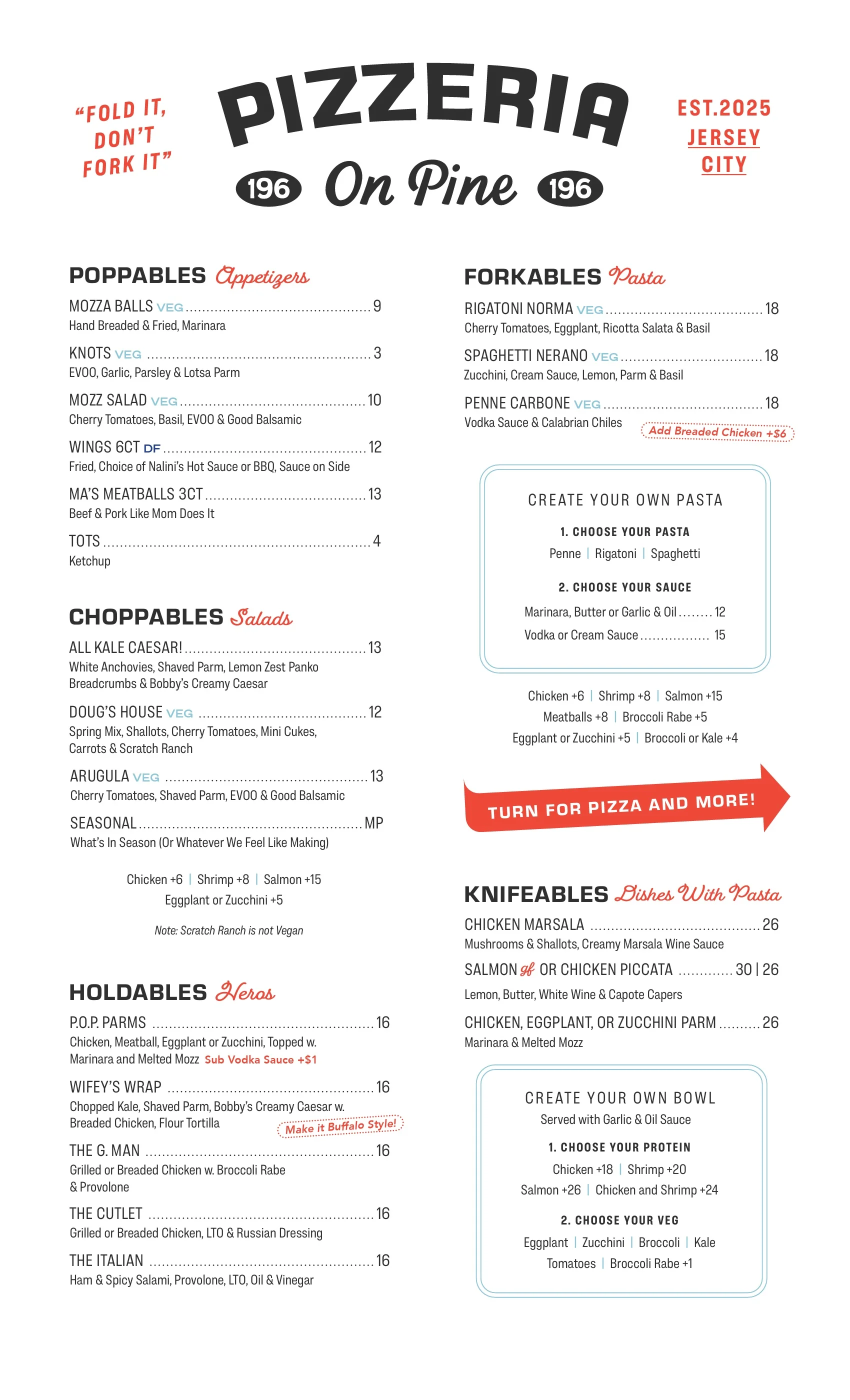 Menu of a Jersey City pizzeria featuring Italian-American dishes