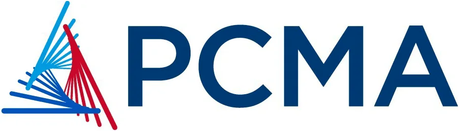PCMA logo featuring a dynamic design with red and blue elements