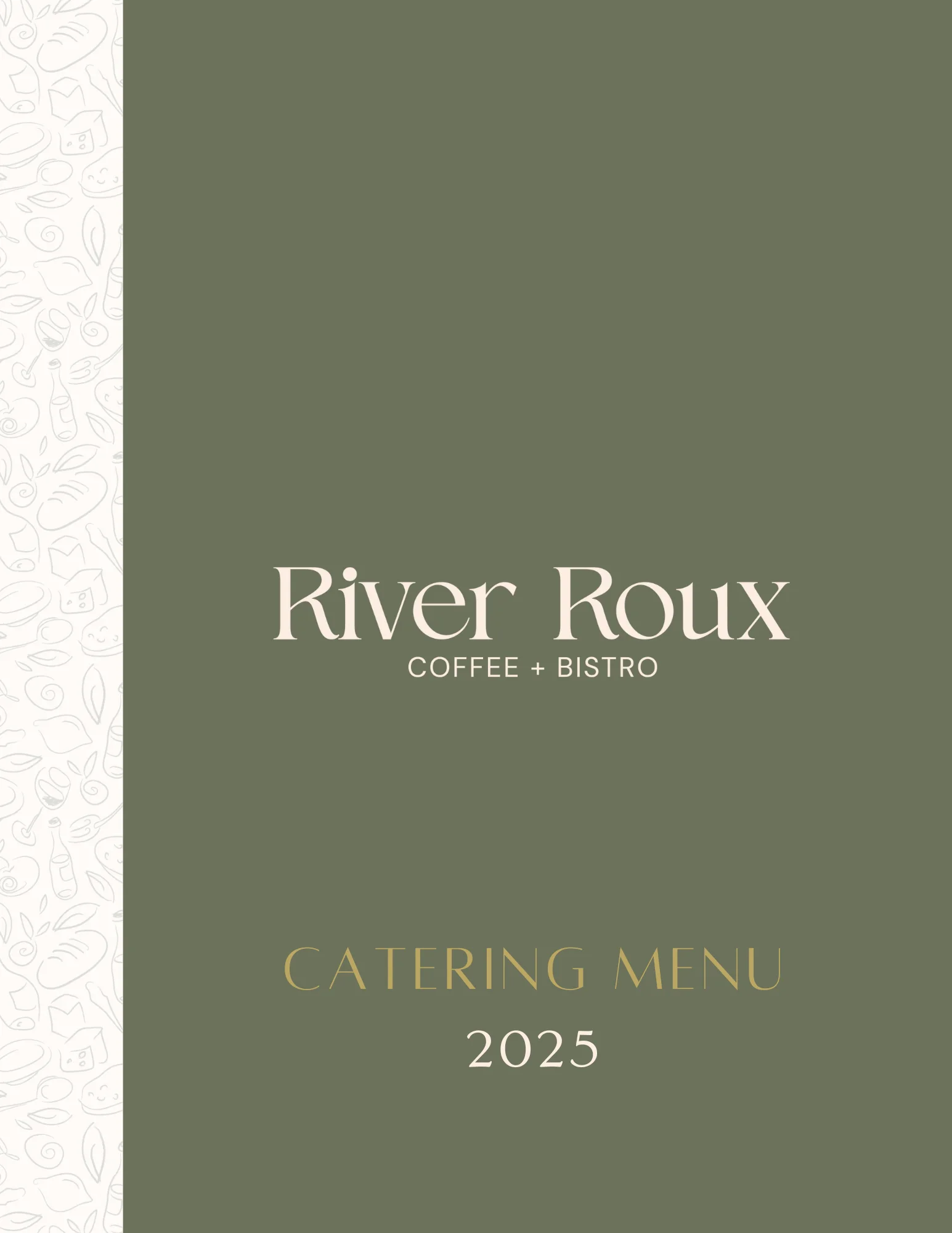 Elegant catering menu cover for River Roux Coffee + Bistro 2025