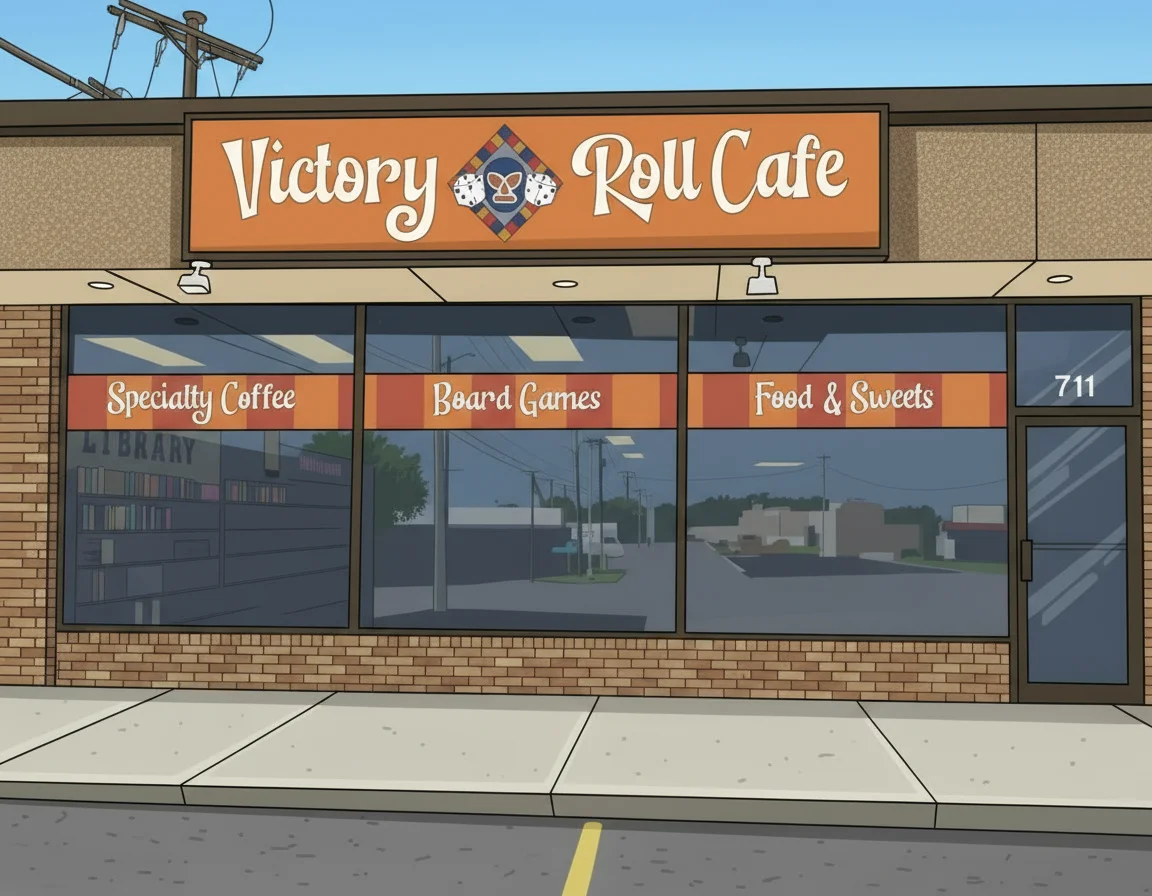 Exterior of Victory Roll Cafe featuring coffee and board games
