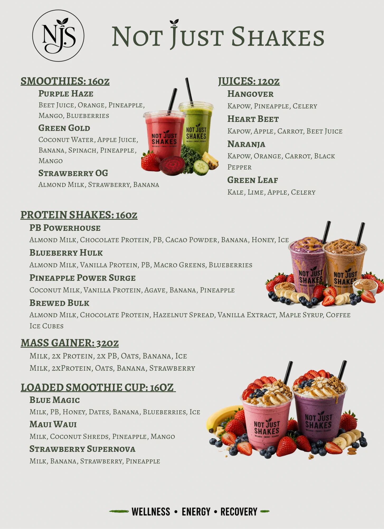 A menu featuring various smoothies, protein shakes, and juices with detailed ingredients listed for each option.