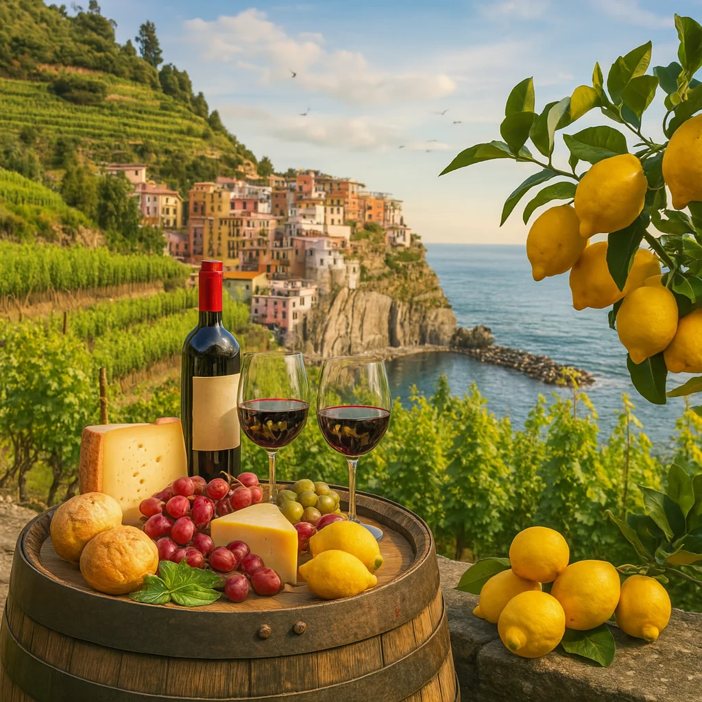 Italian wine and cheese platter with coastal view