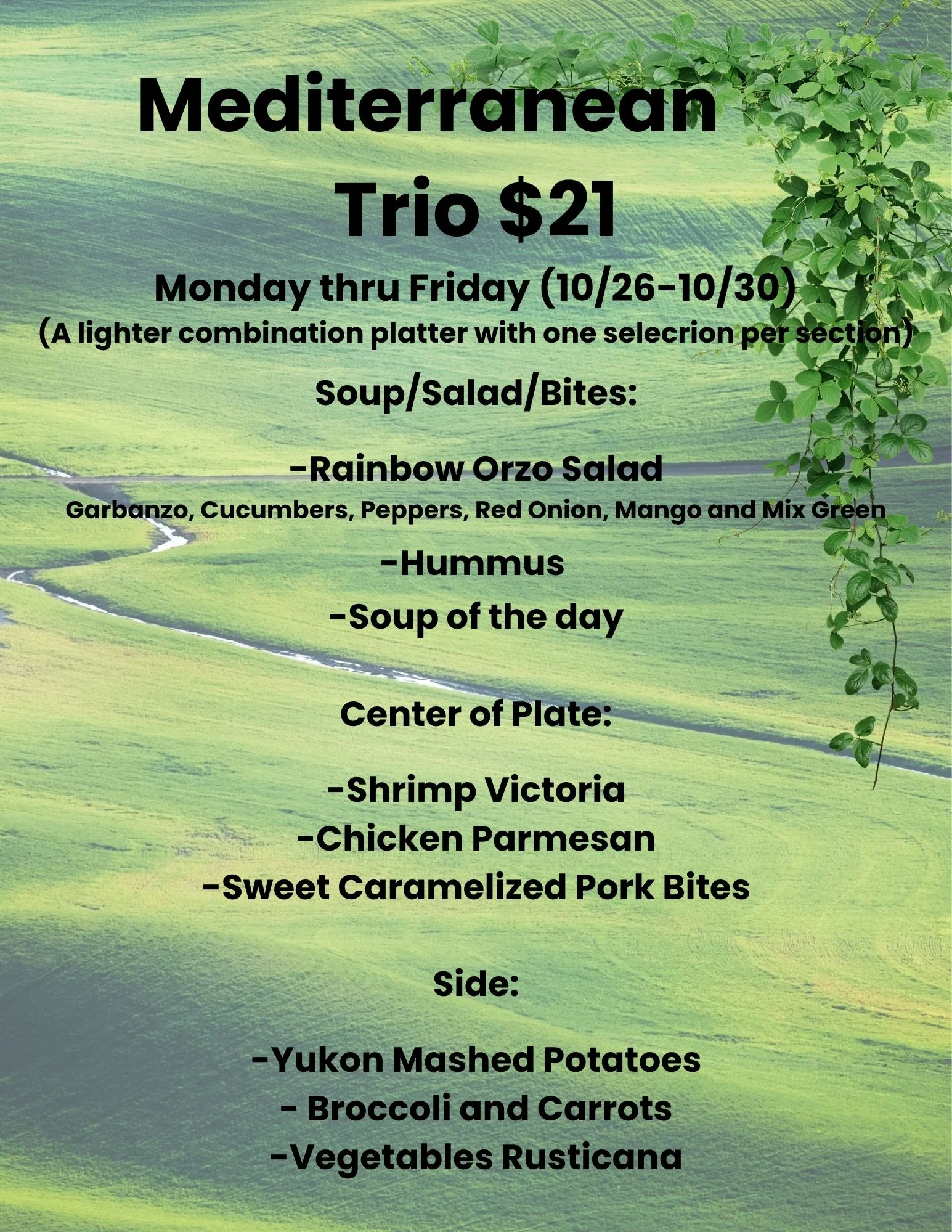 Mediterranean restaurant prix fixe menu graphic with weekly platter selections