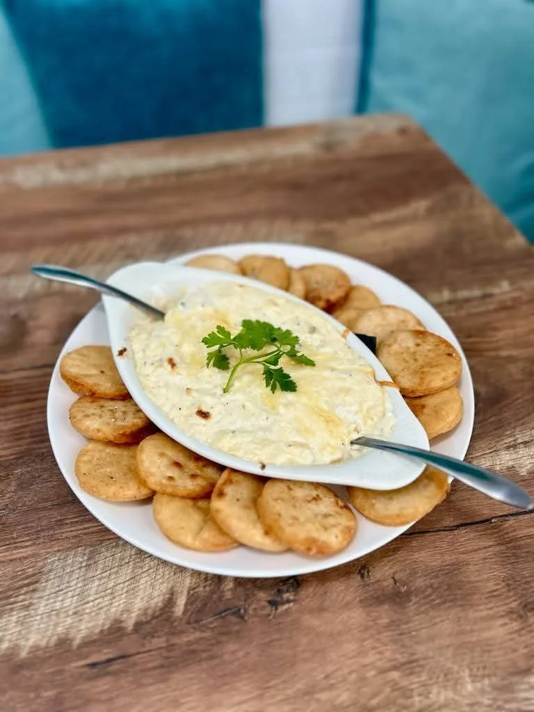 Baked cheese dip with crispy Indian papadum
