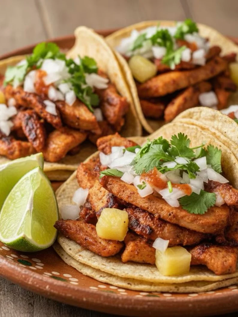 A plate of three tacos filled with grilled chicken, topped with onions, cilantro, and served with lime wedges.