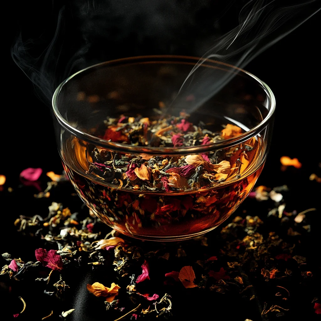 Aromatic herbal tea with floral notes in a glass bowl