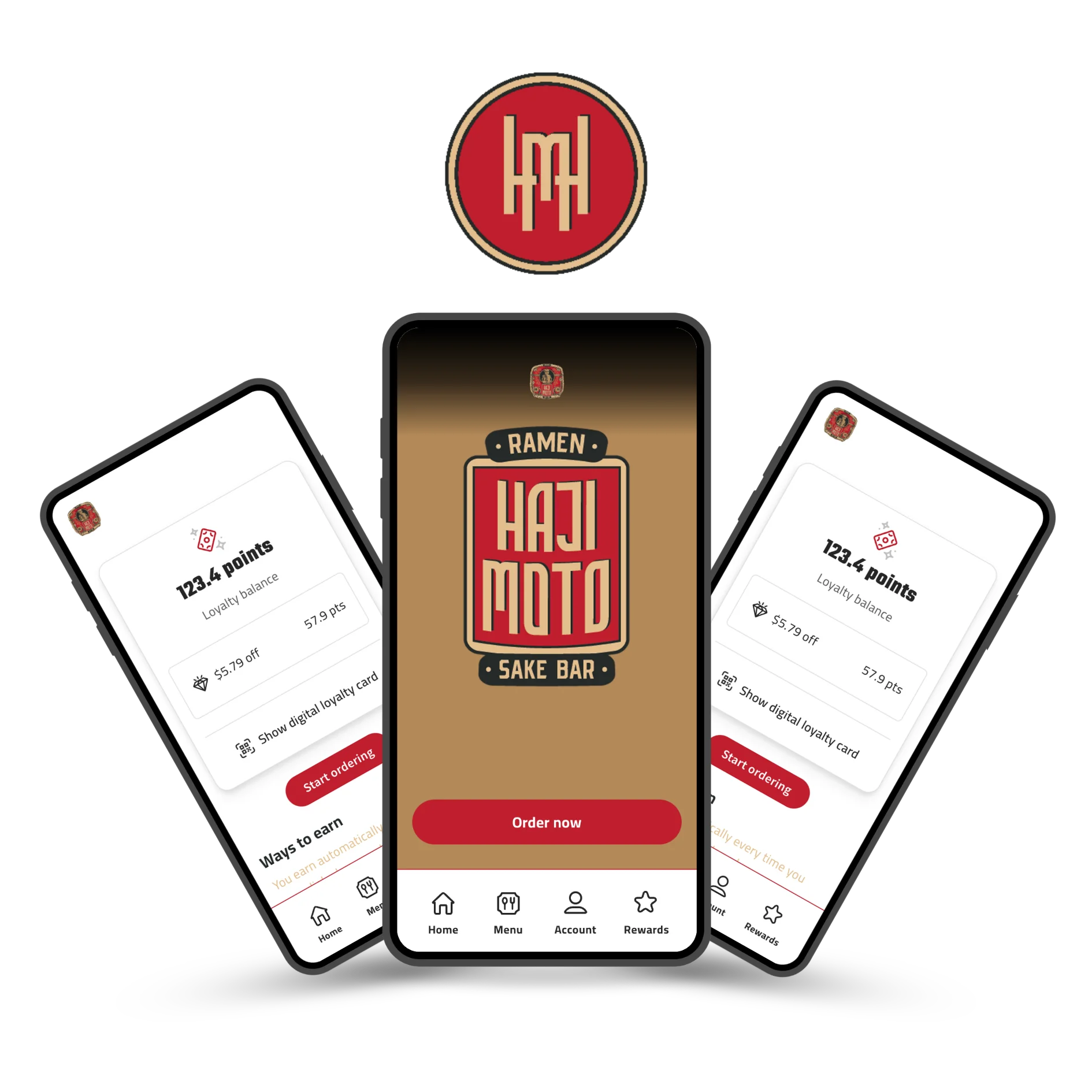 Mobile app interface for Haji Moto restaurant showcasing menu and features.