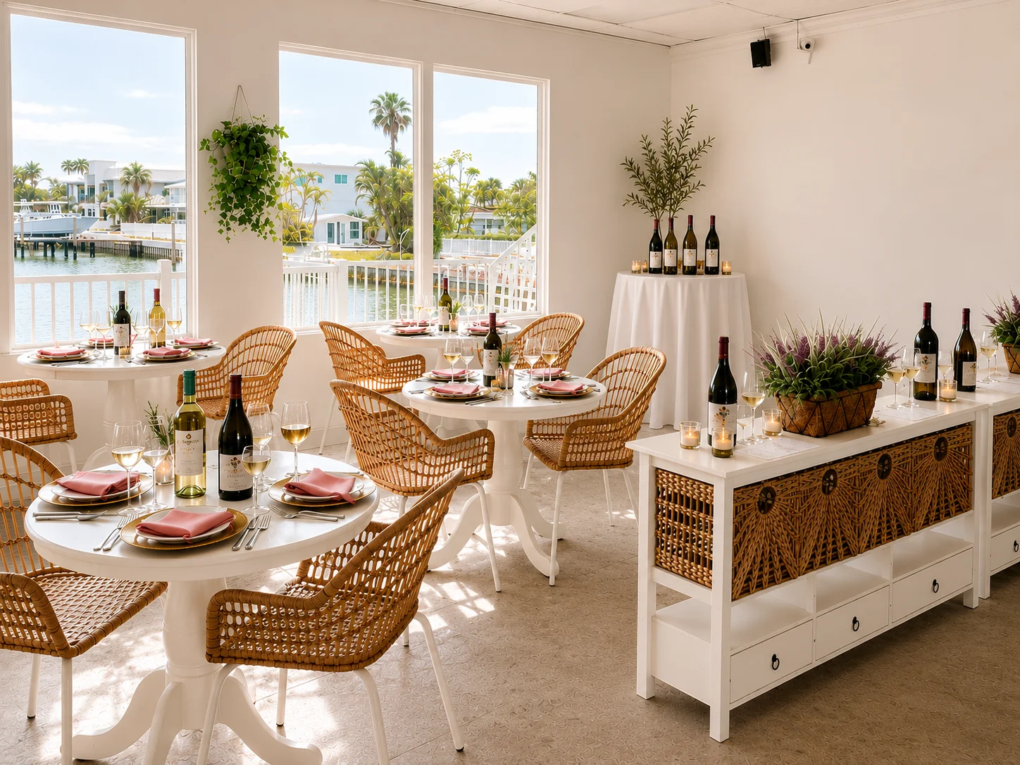 Elegant restaurant interior with waterfront views