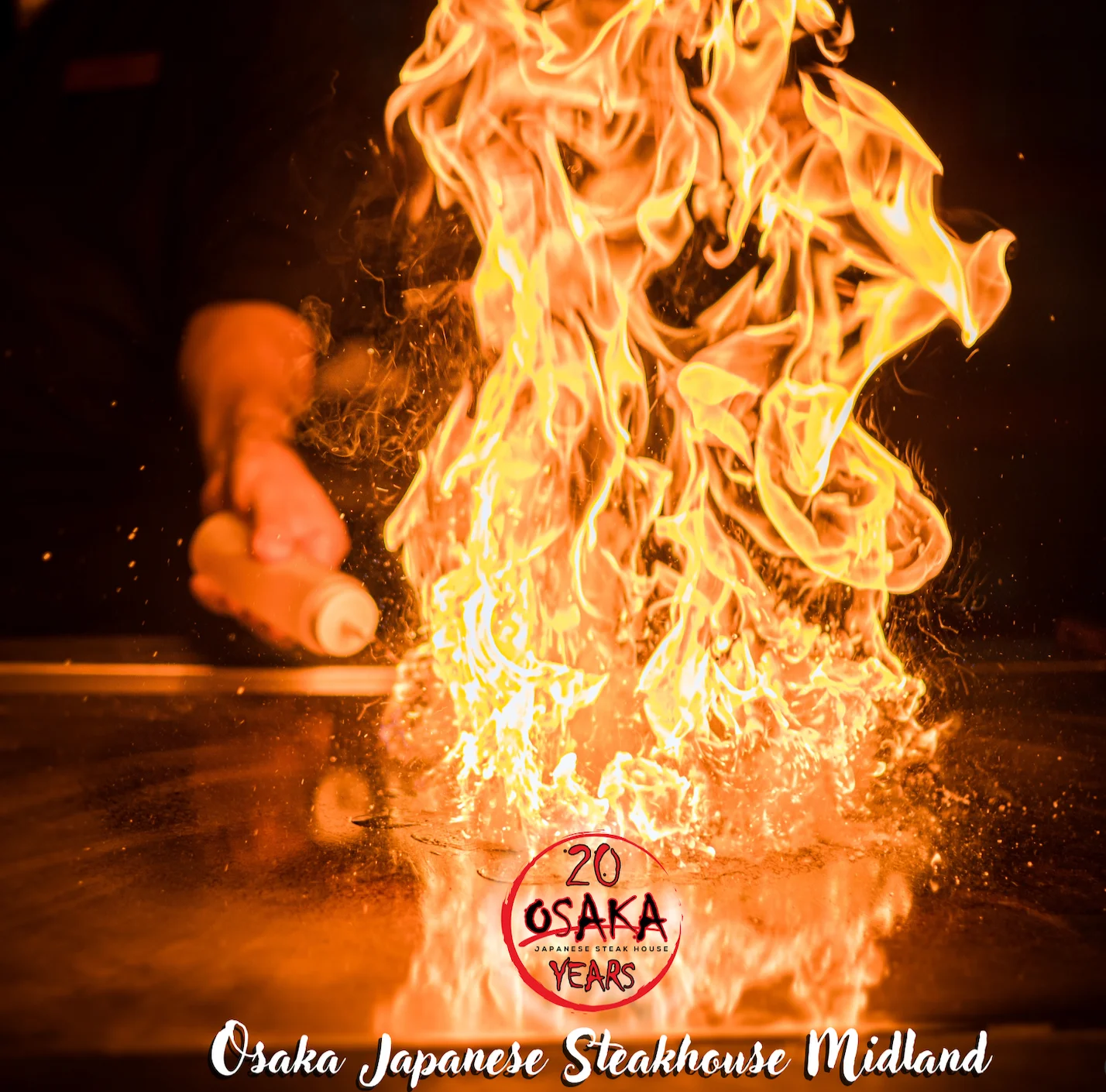 Flaming grill at Osaka Japanese Steakhouse in Midland