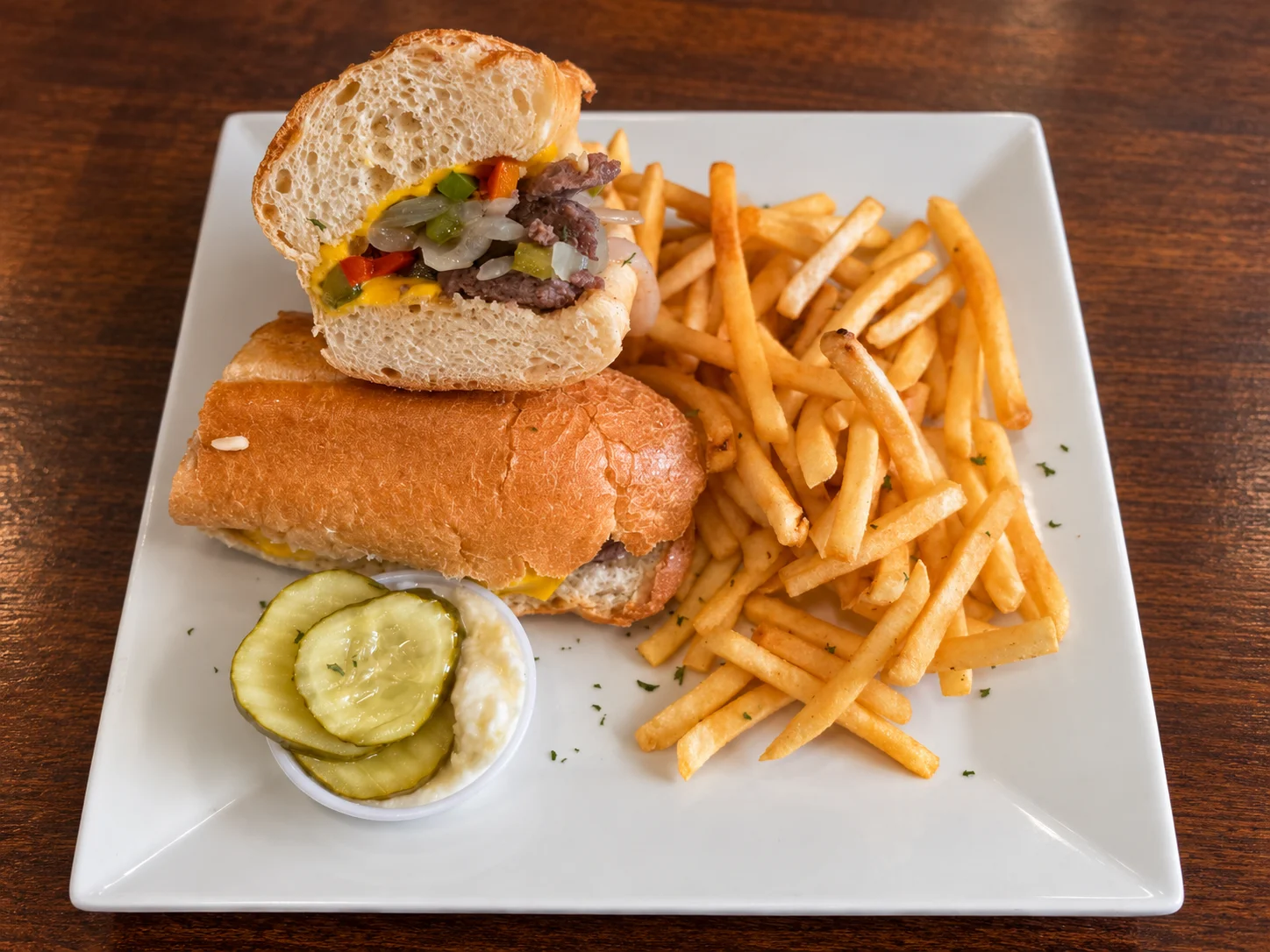 Classic American cheesesteak sandwich with crispy fries