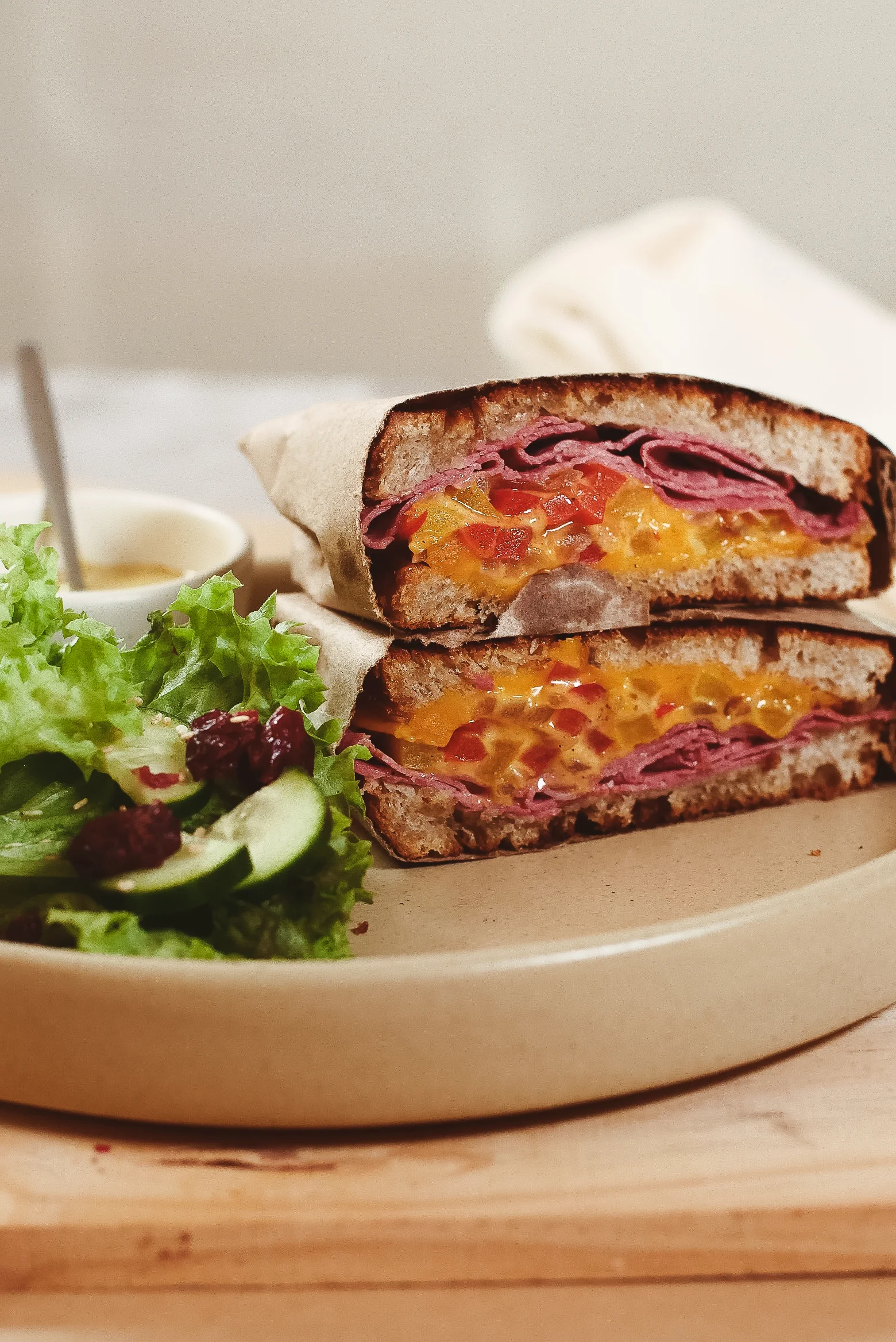 Classic Reuben sandwich with corned beef and melted cheese