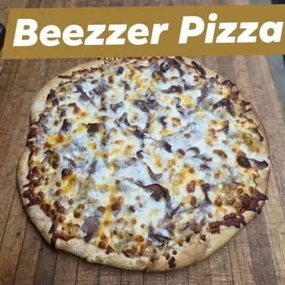 Beezzer pizza with melted cheese and savory toppings