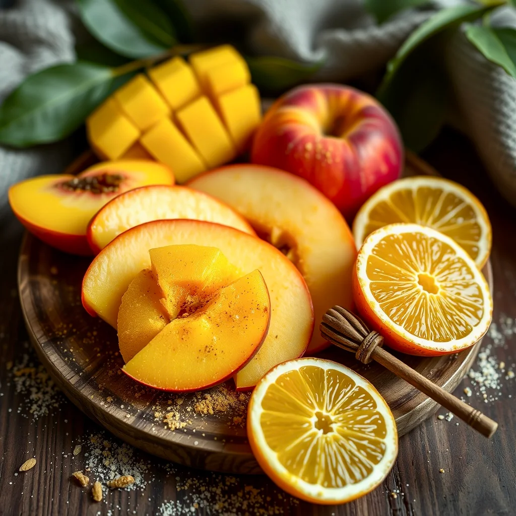 Fresh fruit platter featuring peaches, apples, and lemons