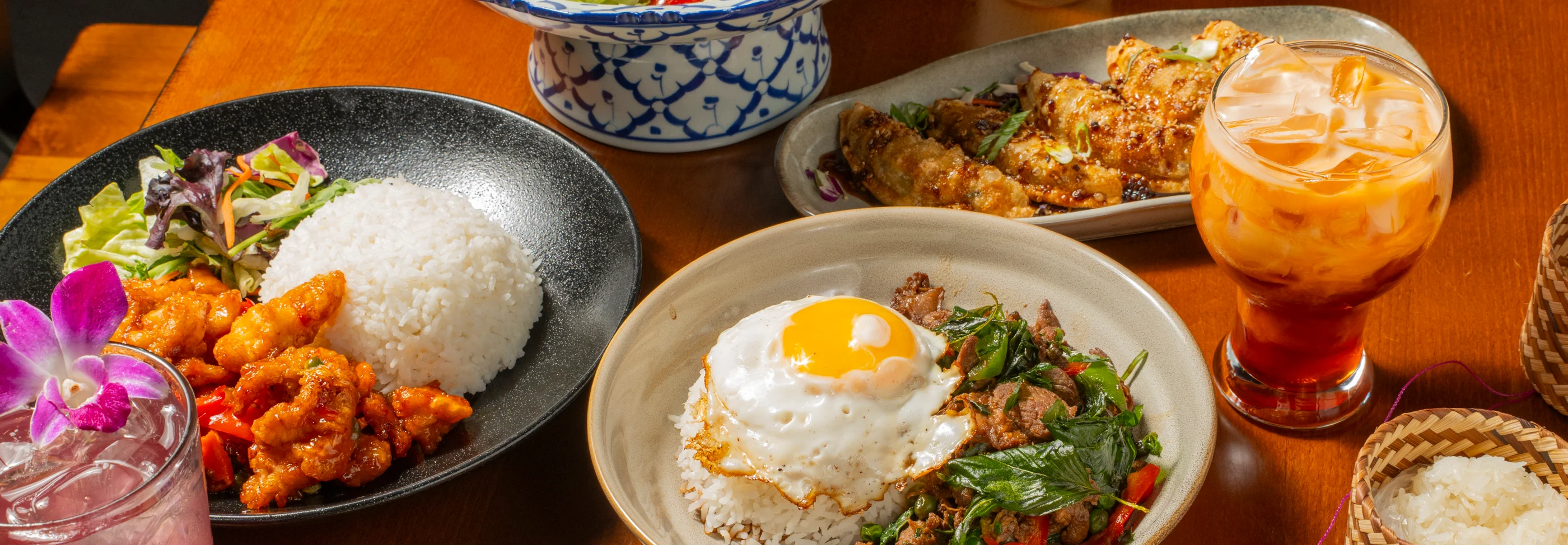 Thai basil beef rice bowl with fried egg