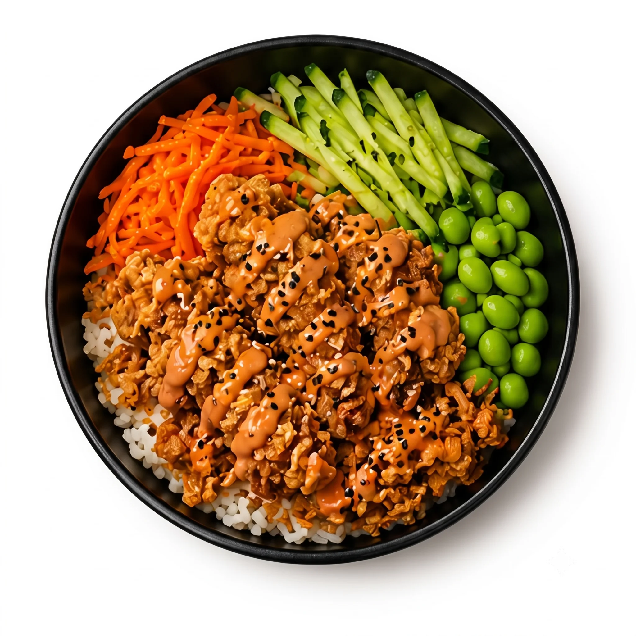 Bowl of rice topped with crispy chicken, vegetables, and sauce.