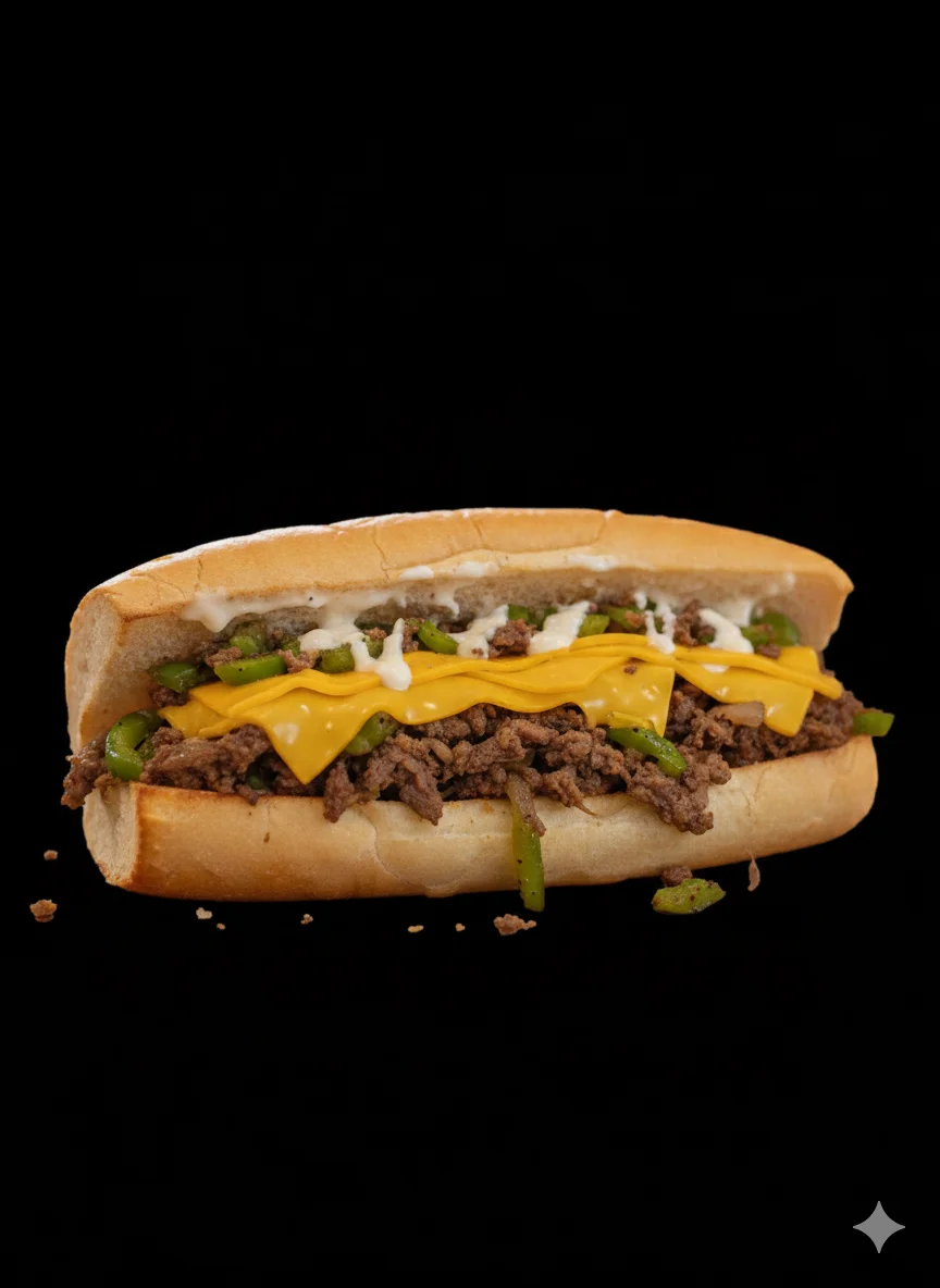 Classic Philly cheesesteak sandwich with melted cheese