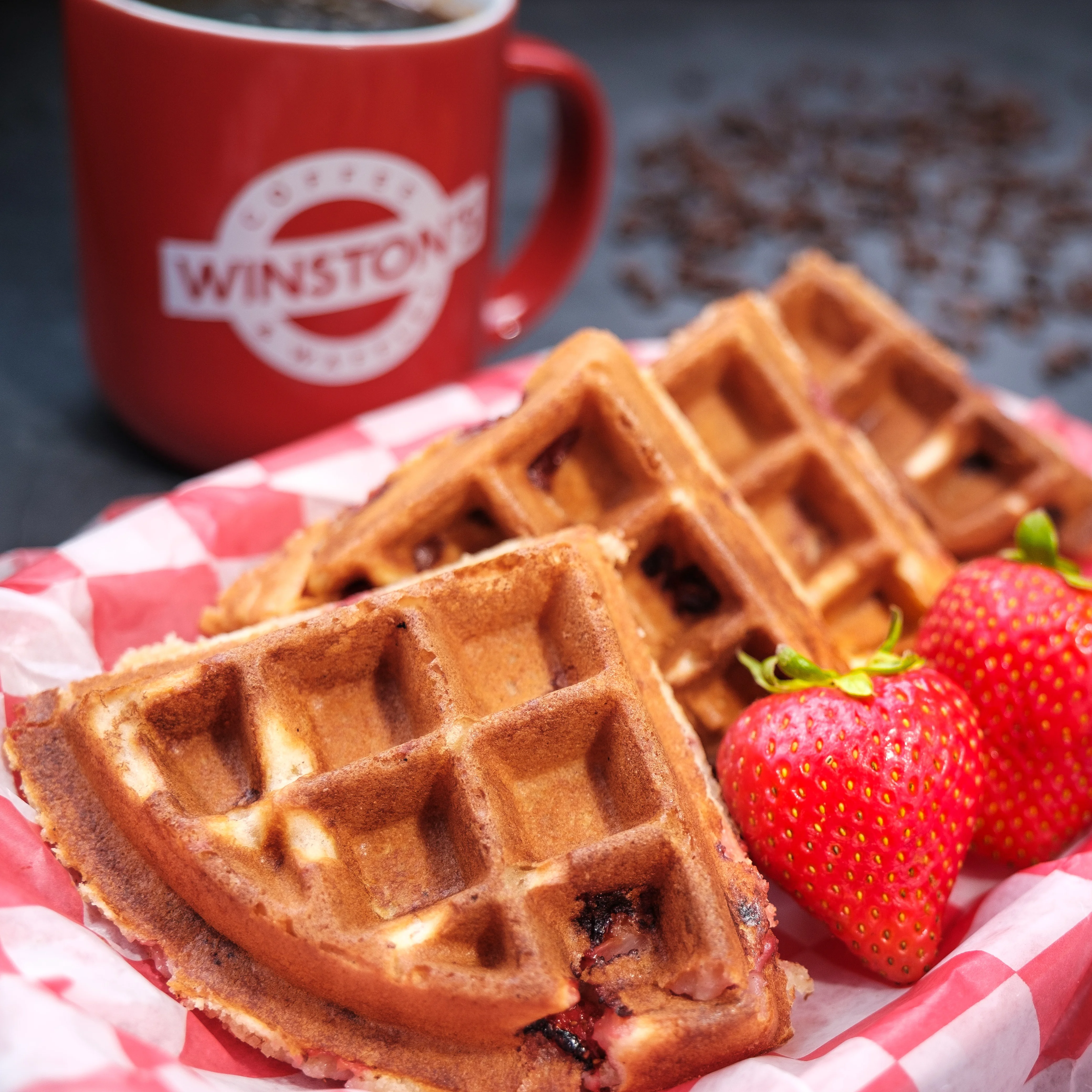 Belgian waffles served with fresh strawberries