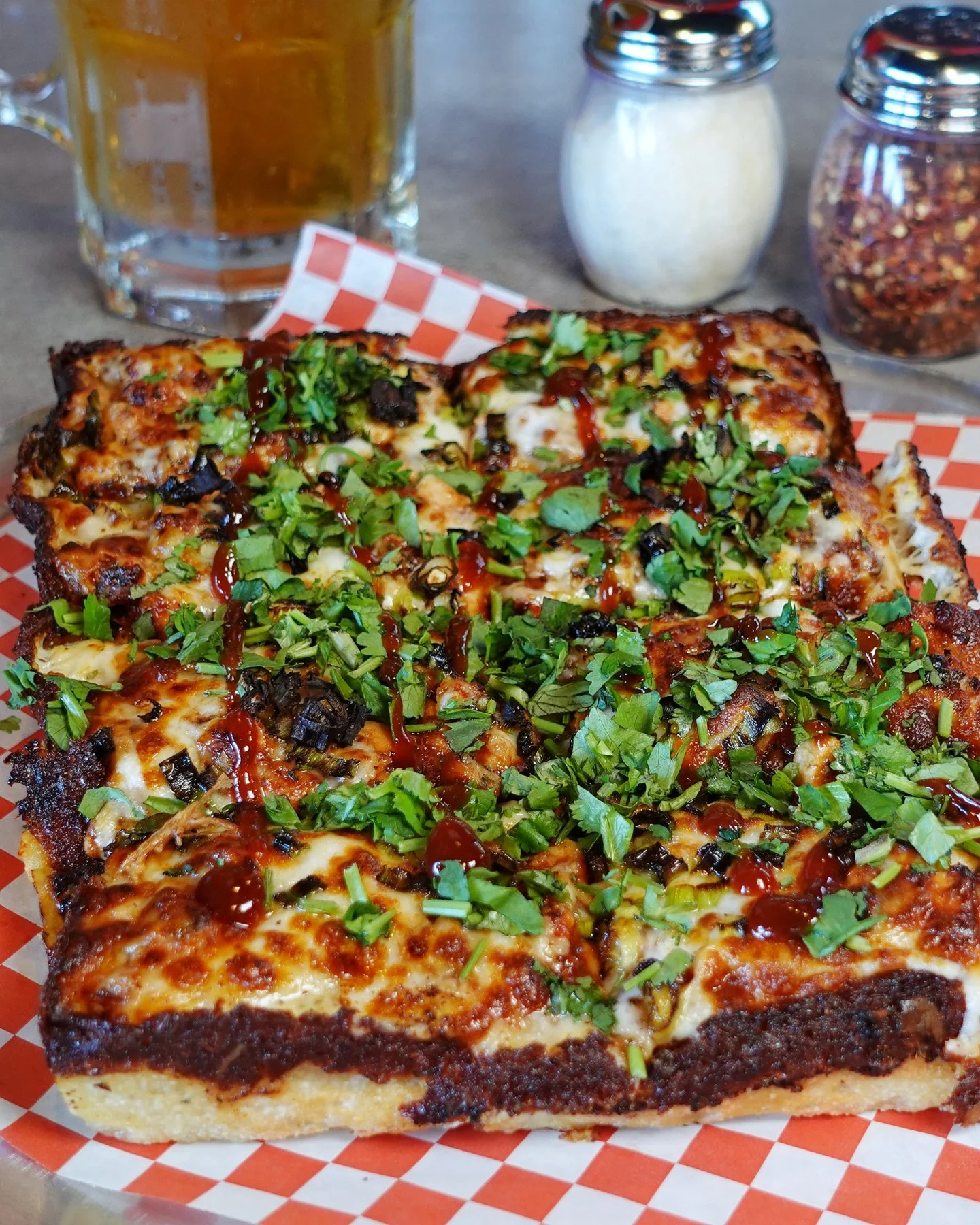 Detroit-style BBQ chicken pizza with cilantro from Stadium Pepz in Anaheim