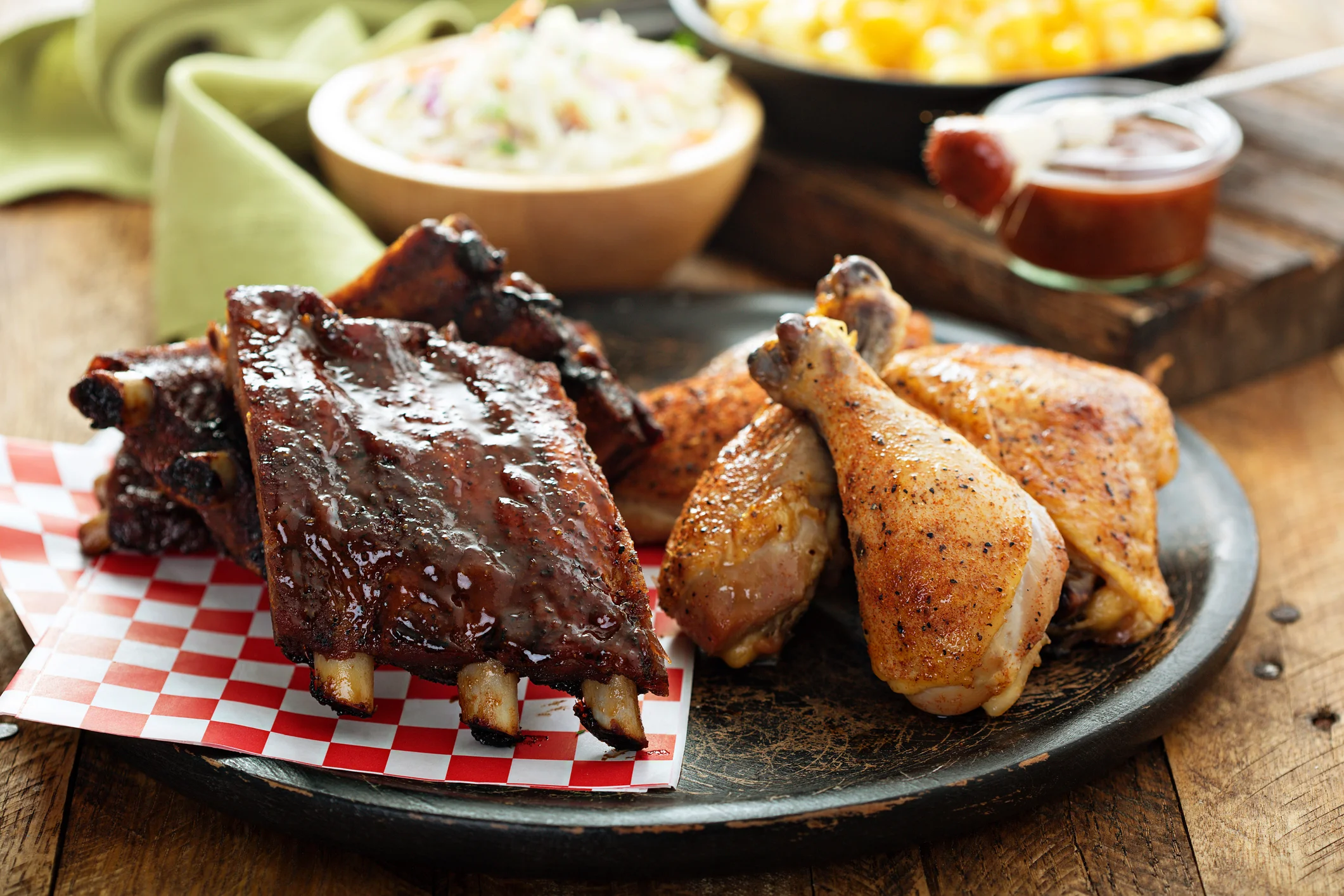 Barbecue platter featuring ribs and chicken