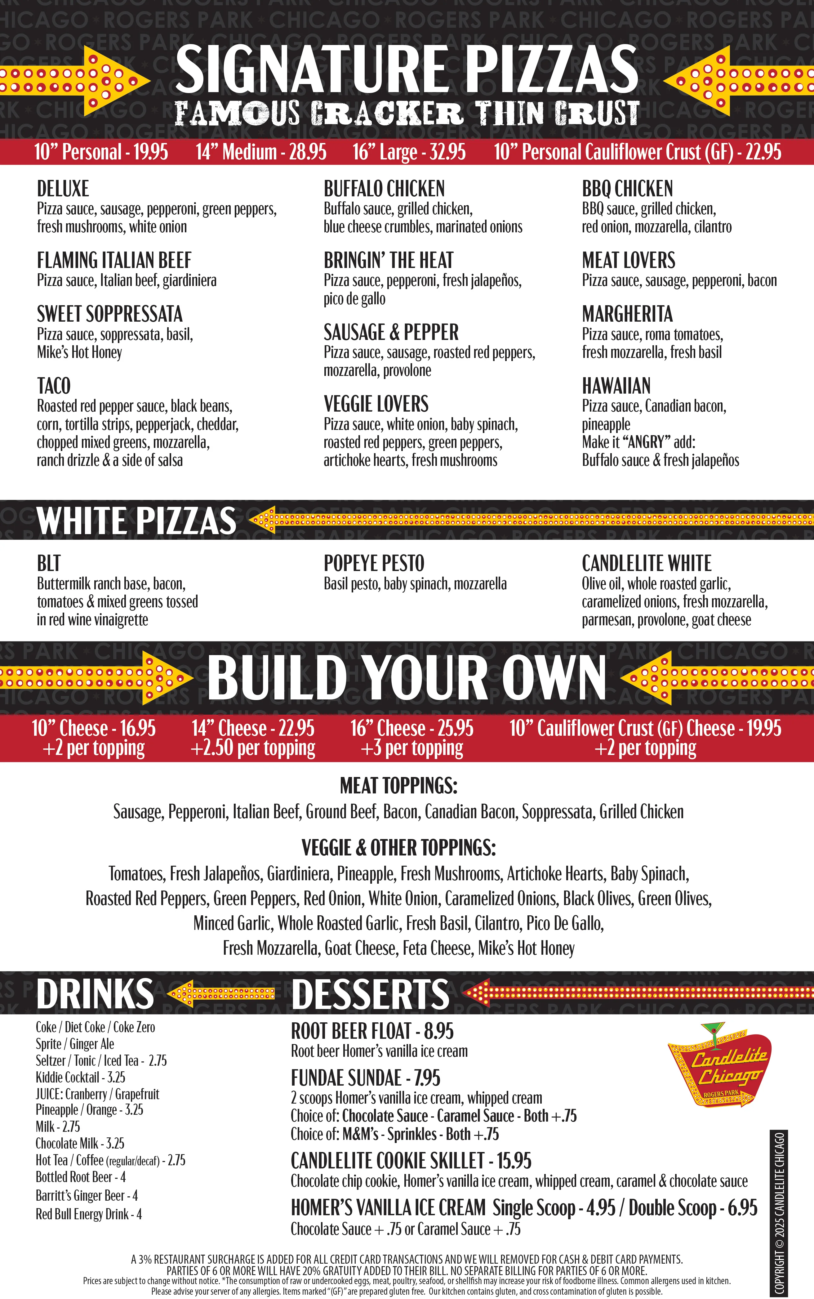 Menu featuring signature pizzas and desserts from a Chicago pizzeria