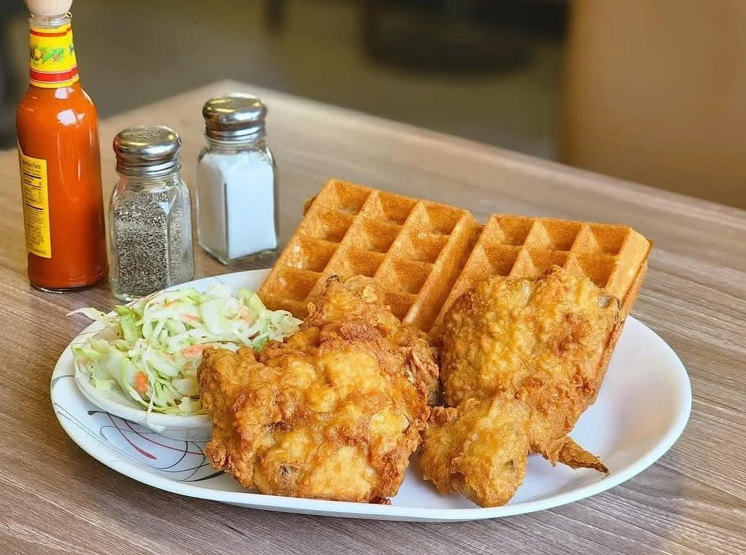 Southern fried chicken and waffles with coleslaw