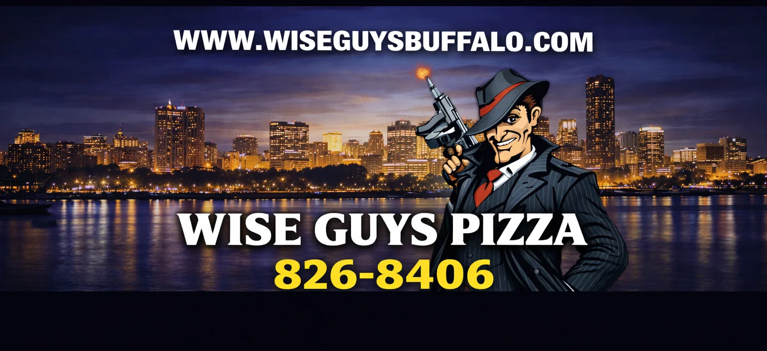 Wise Guys Pizza restaurant banner with city skyline