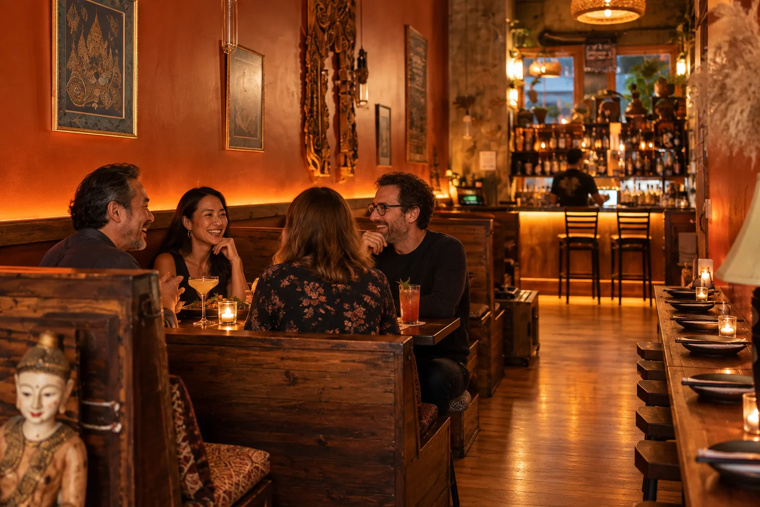 Warmly lit Asian-inspired restaurant interior with friends dining and a cocktail bar