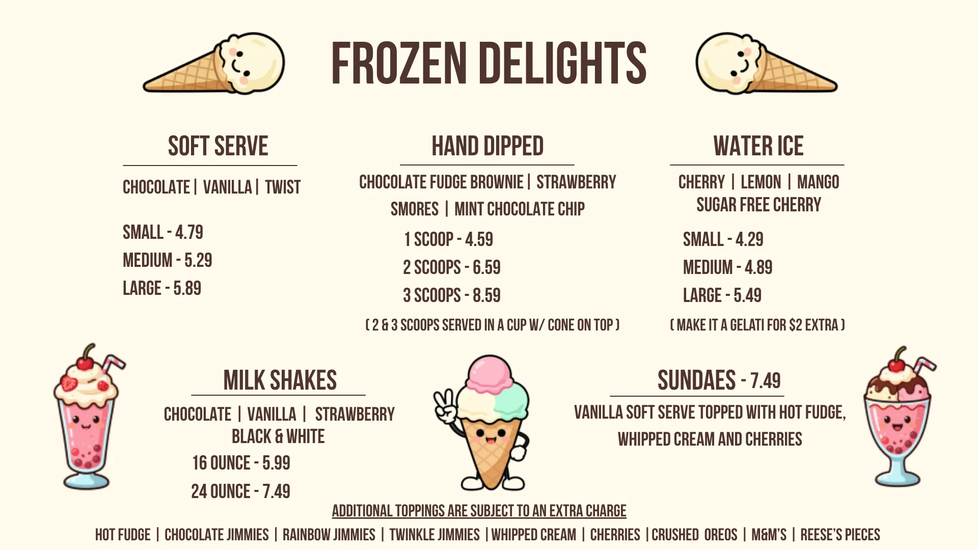 Frozen dessert menu featuring soft serve, hand dipped ice cream, and milkshakes