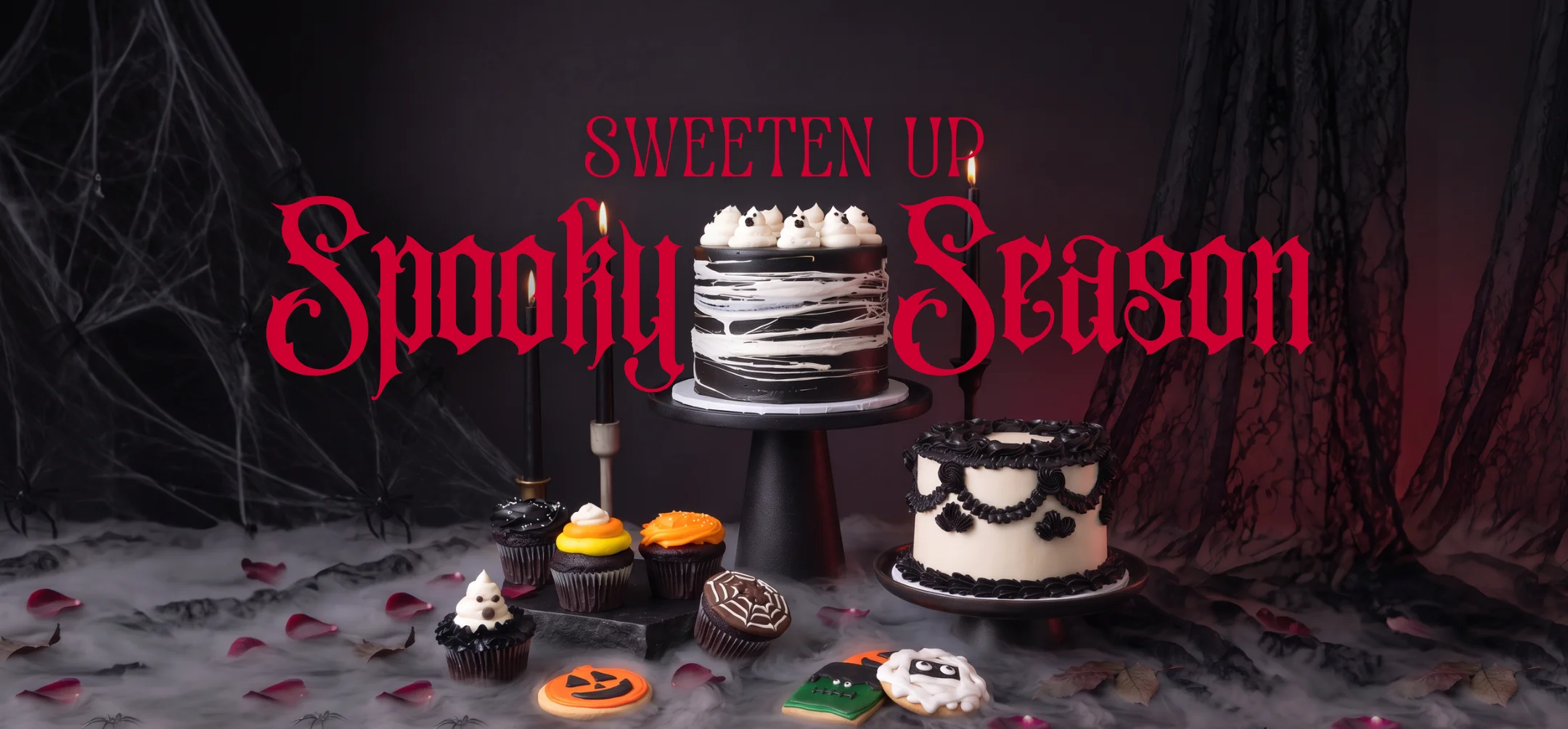 Halloween dessert display with decorated cakes and cupcakes for spooky season