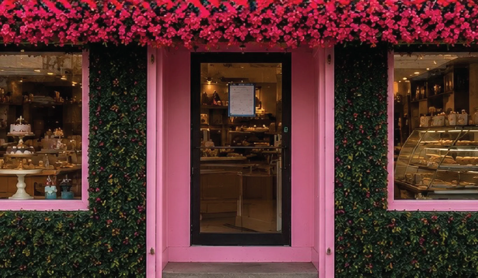 Charming bakery entrance adorned with flowers