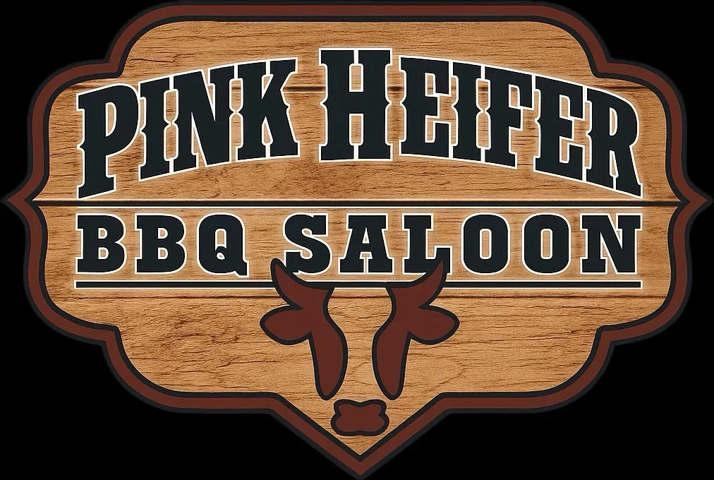 Rustic wooden sign for Pink Heifer BBQ Saloon