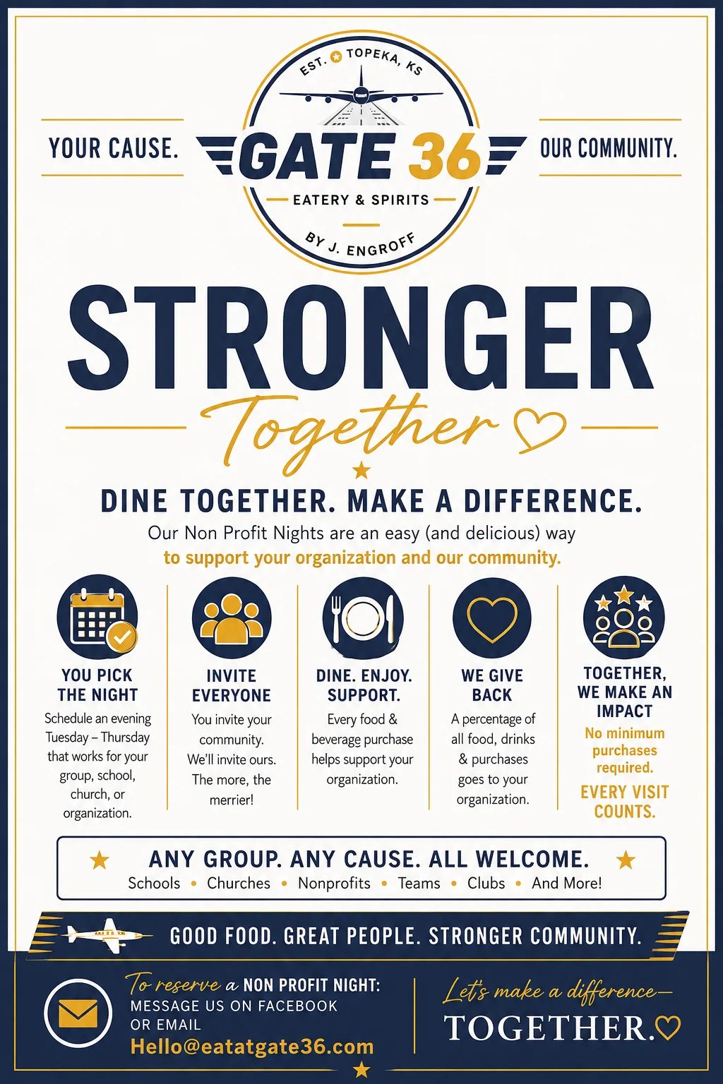 Community-focused restaurant event flyer promoting nonprofit nights