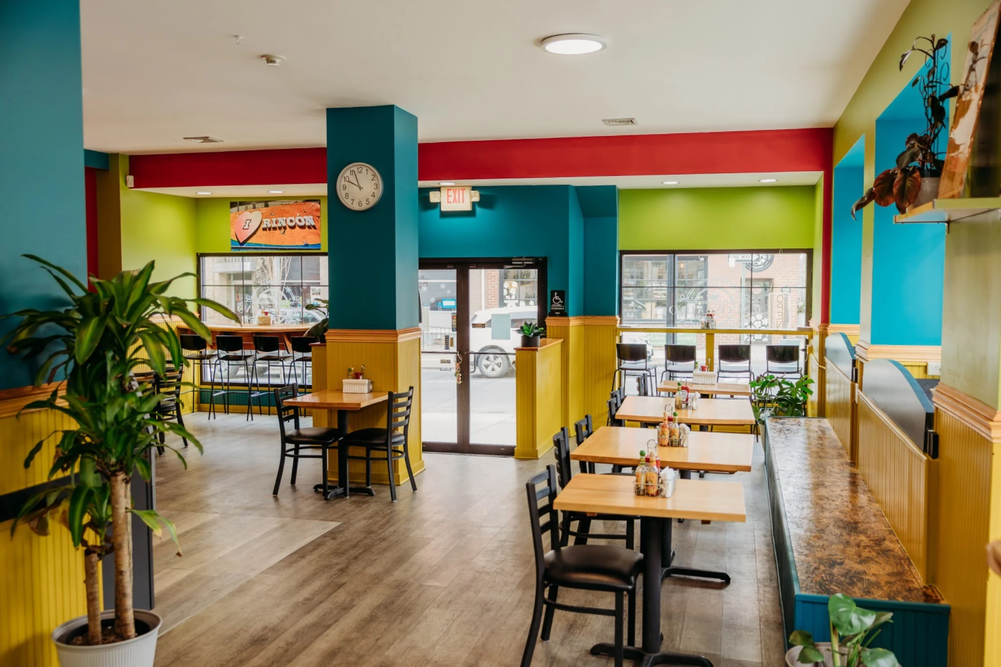Vibrant restaurant interior with colorful decor and seating