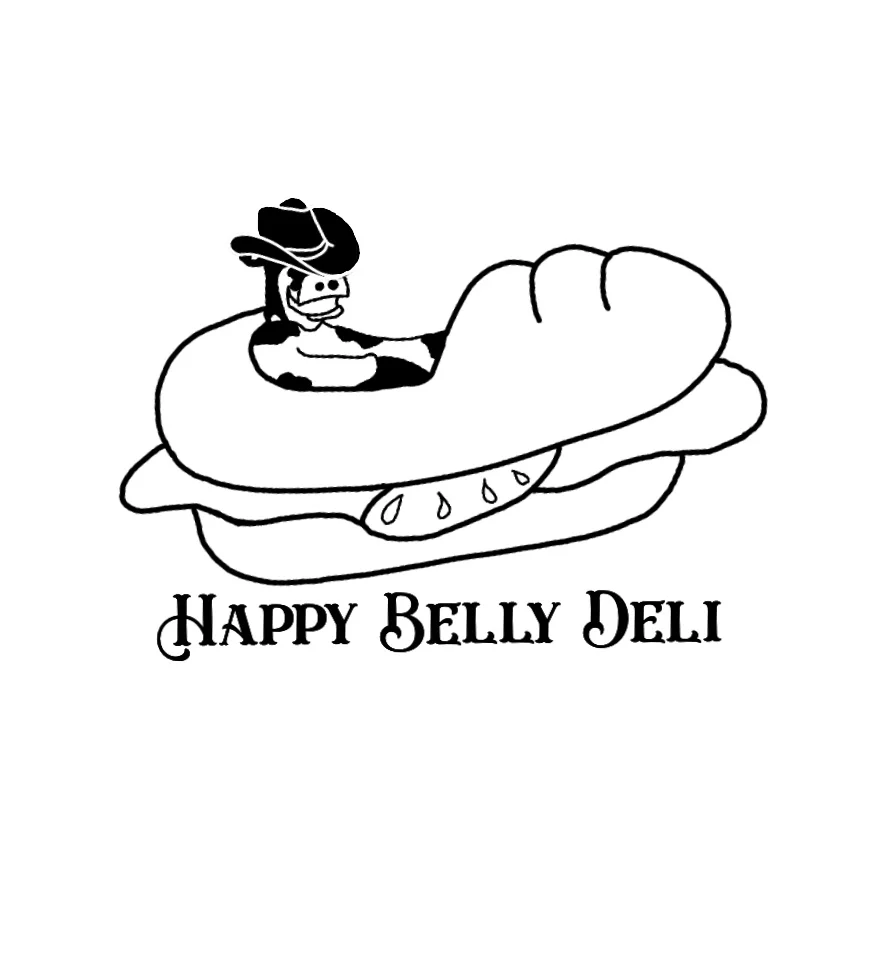 A cartoonish hot dog featuring a whimsical character wearing a cowboy hat, resting in a bun with a couple of pickle slices. Below the image is the text 'Happy Belly Deli'.