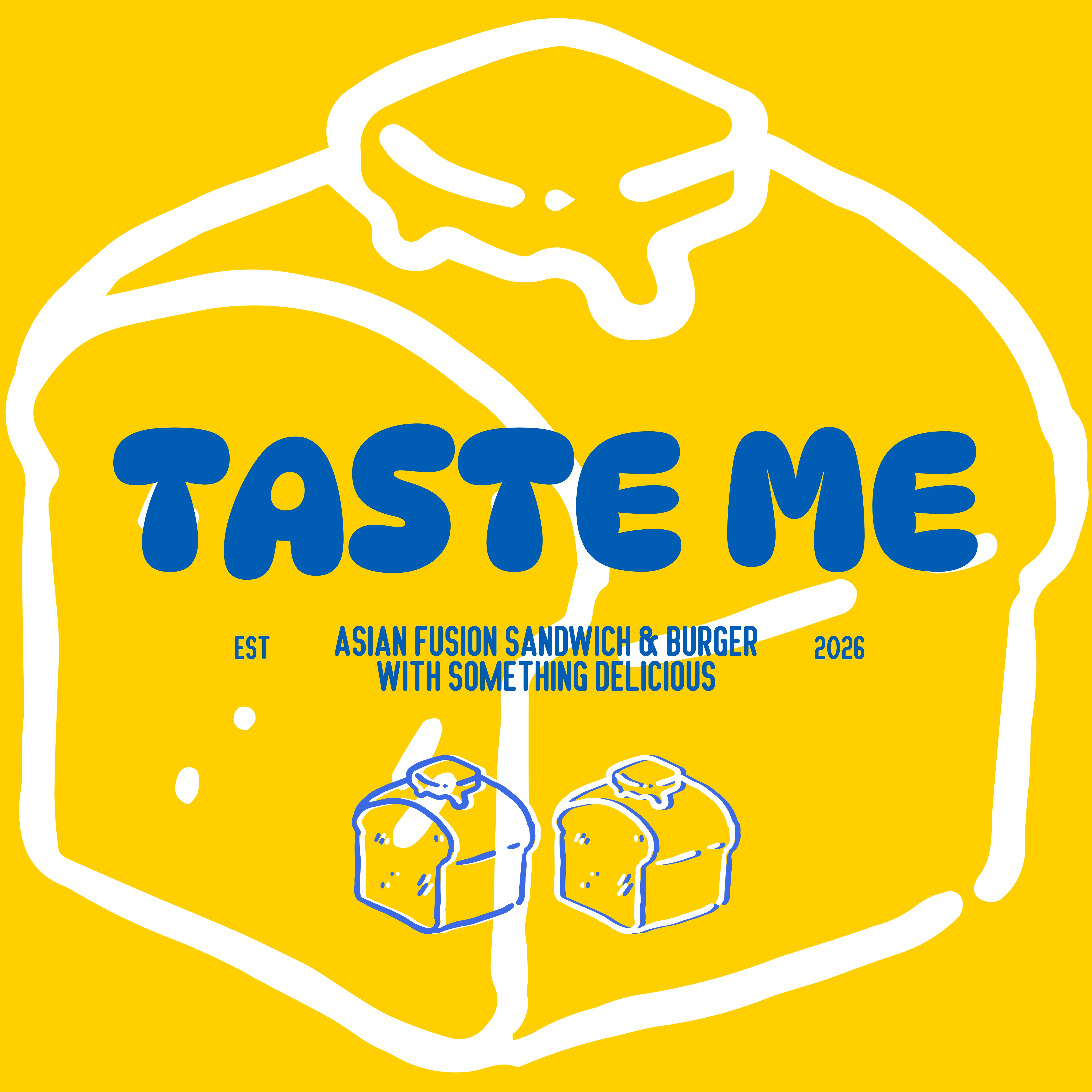 A vibrant yellow graphic featuring text that promotes an Asian fusion sandwich and burger establishment, with cartoonish imagery of bread.