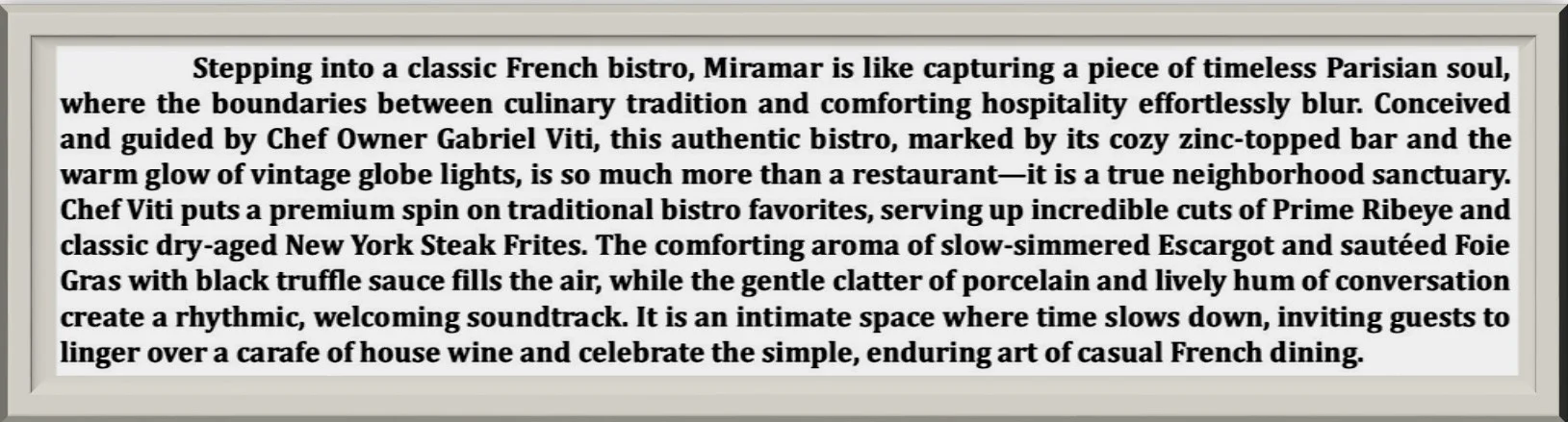 French bistro description in elegant black typography on a burgundy background