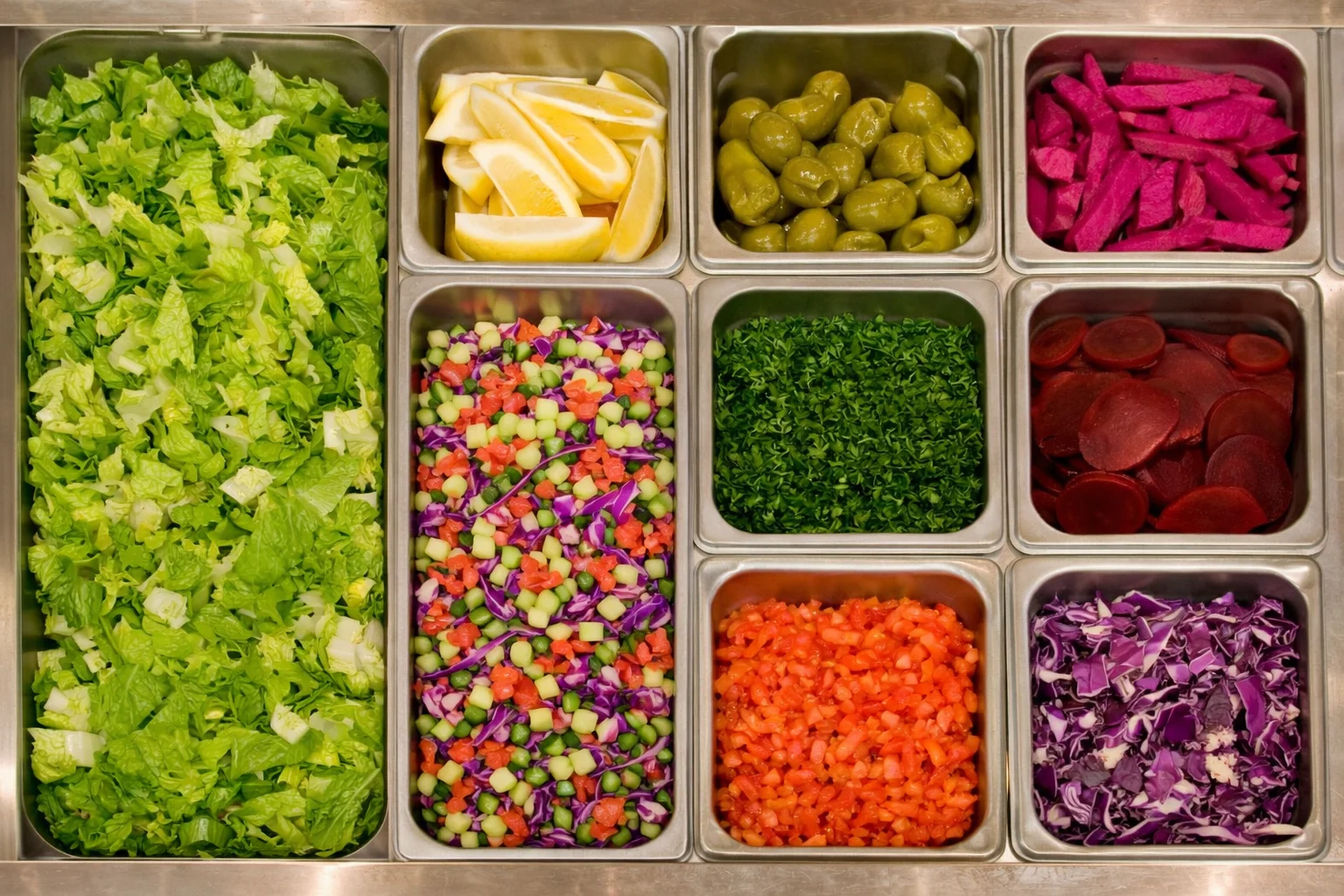 Colorful salad bar with fresh vegetables and toppings