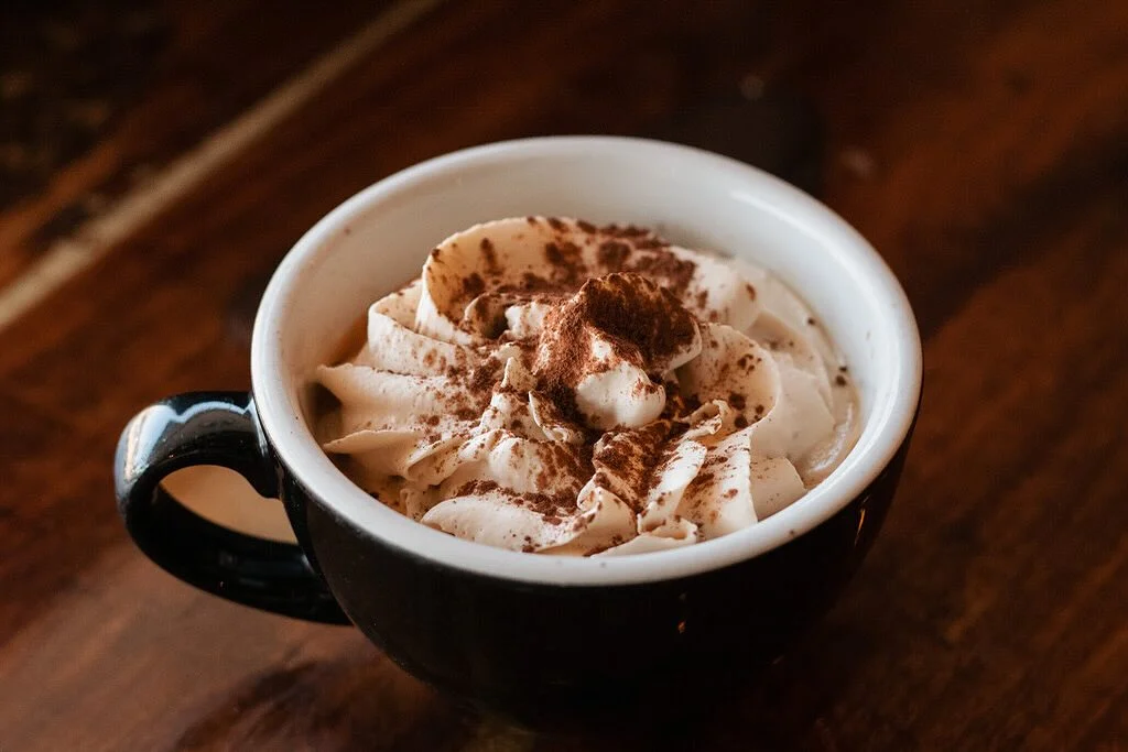 Rich hot chocolate topped with whipped cream and cocoa