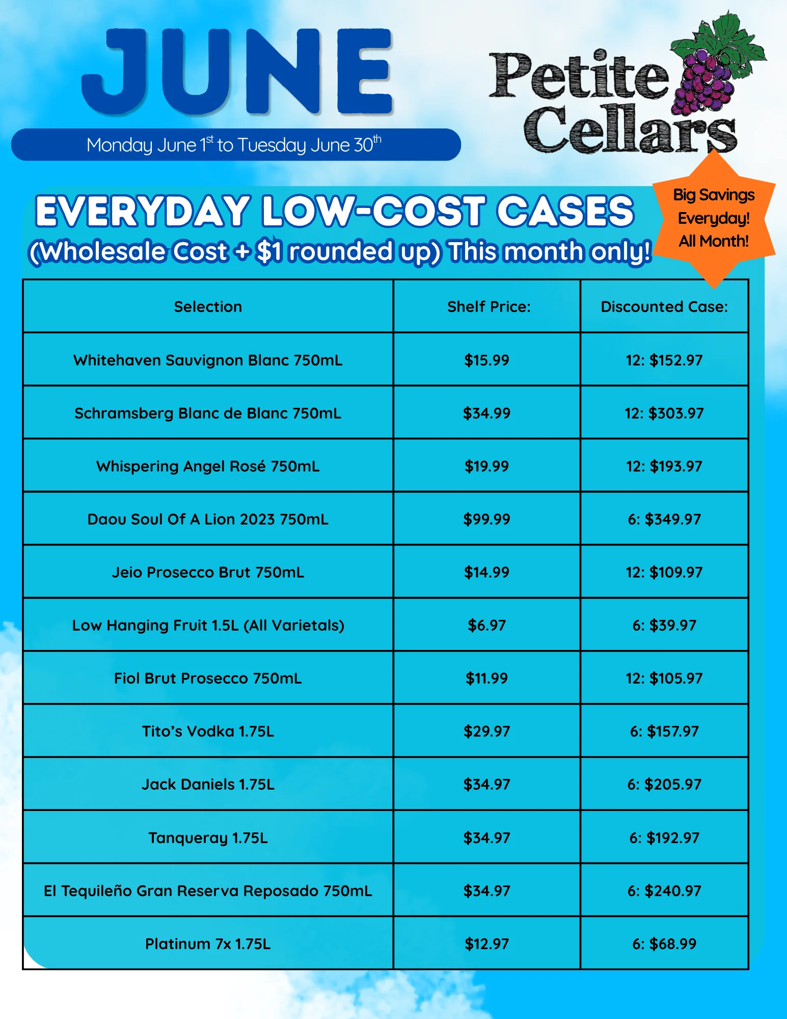 Promotional flyer for discounted wine and spirits at Petite Cellars in June