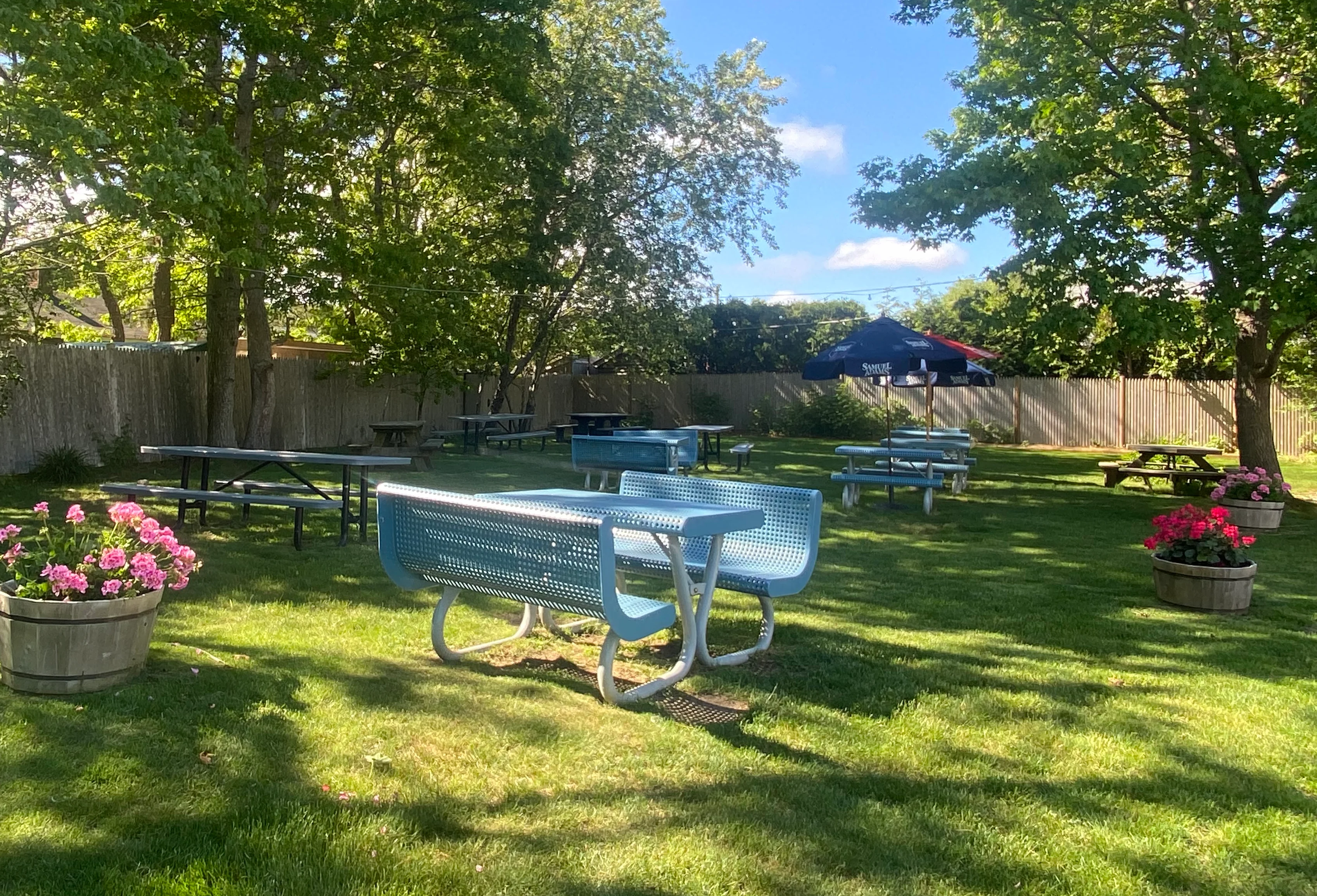 Backyard picnic tables with twinkle lights along the fence.