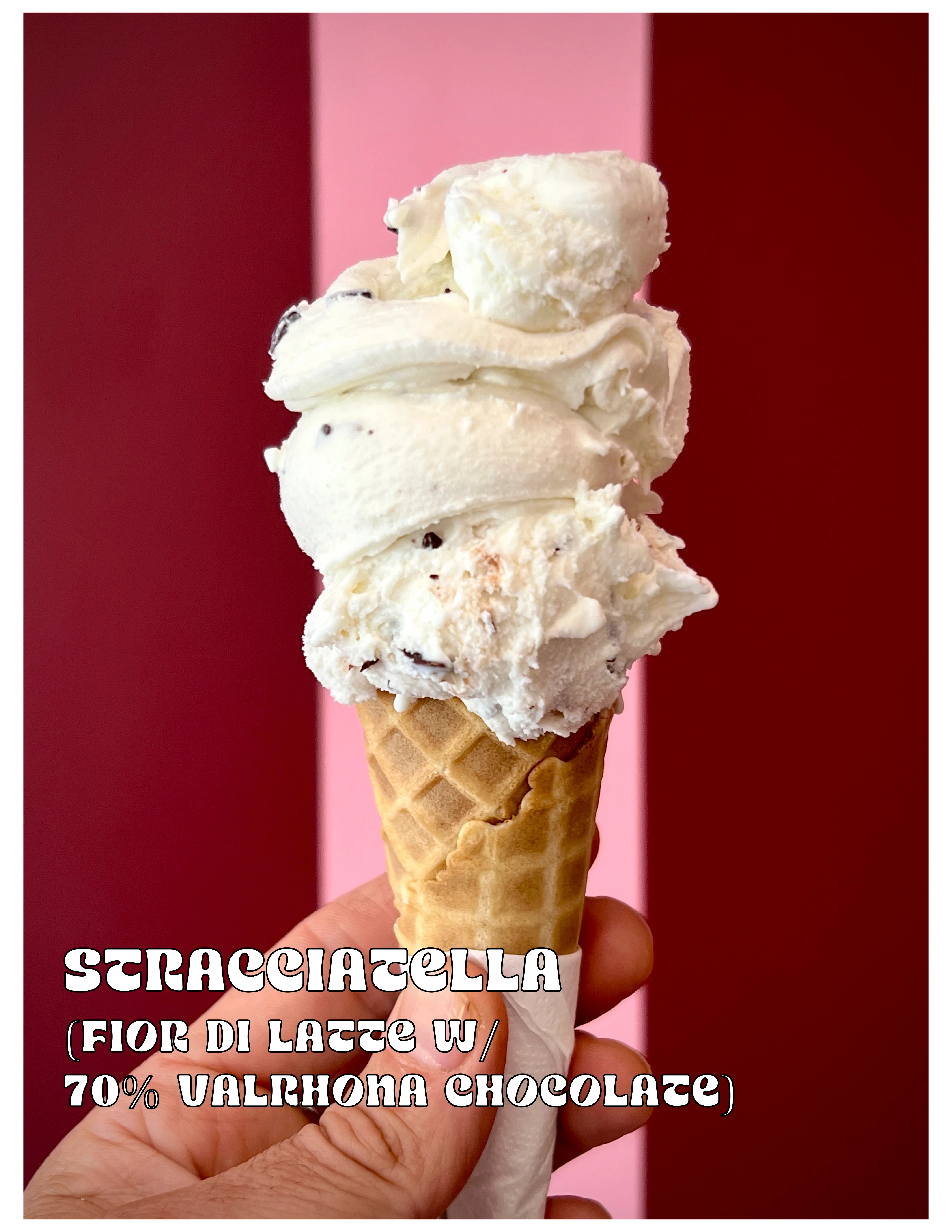 Delicious stracciatella gelato in a waffle cone