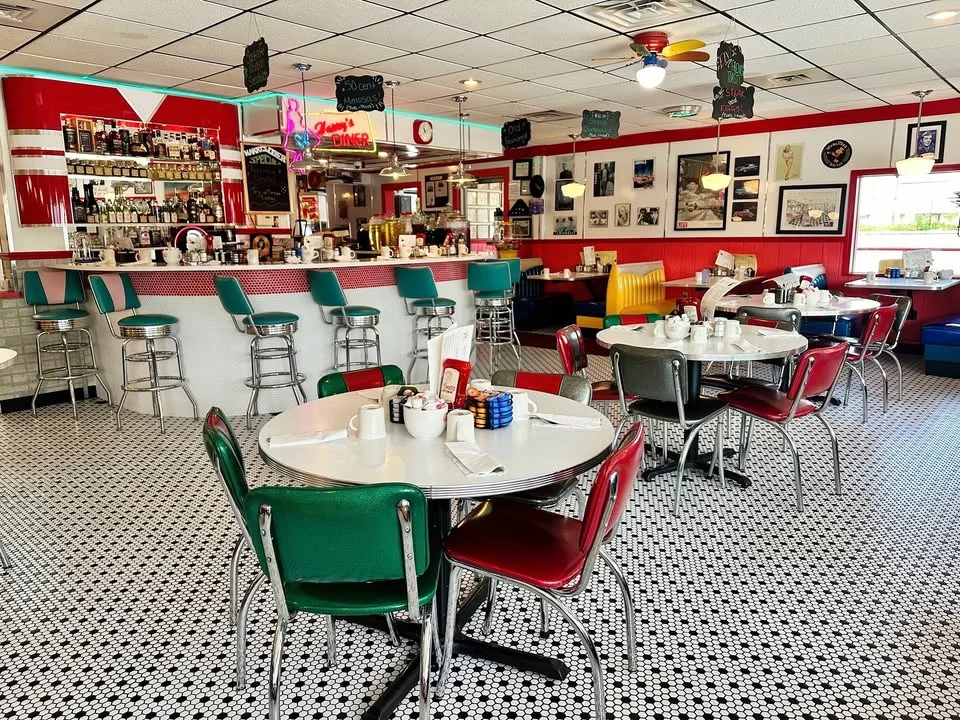 Colorful diner interior with retro decor and seating