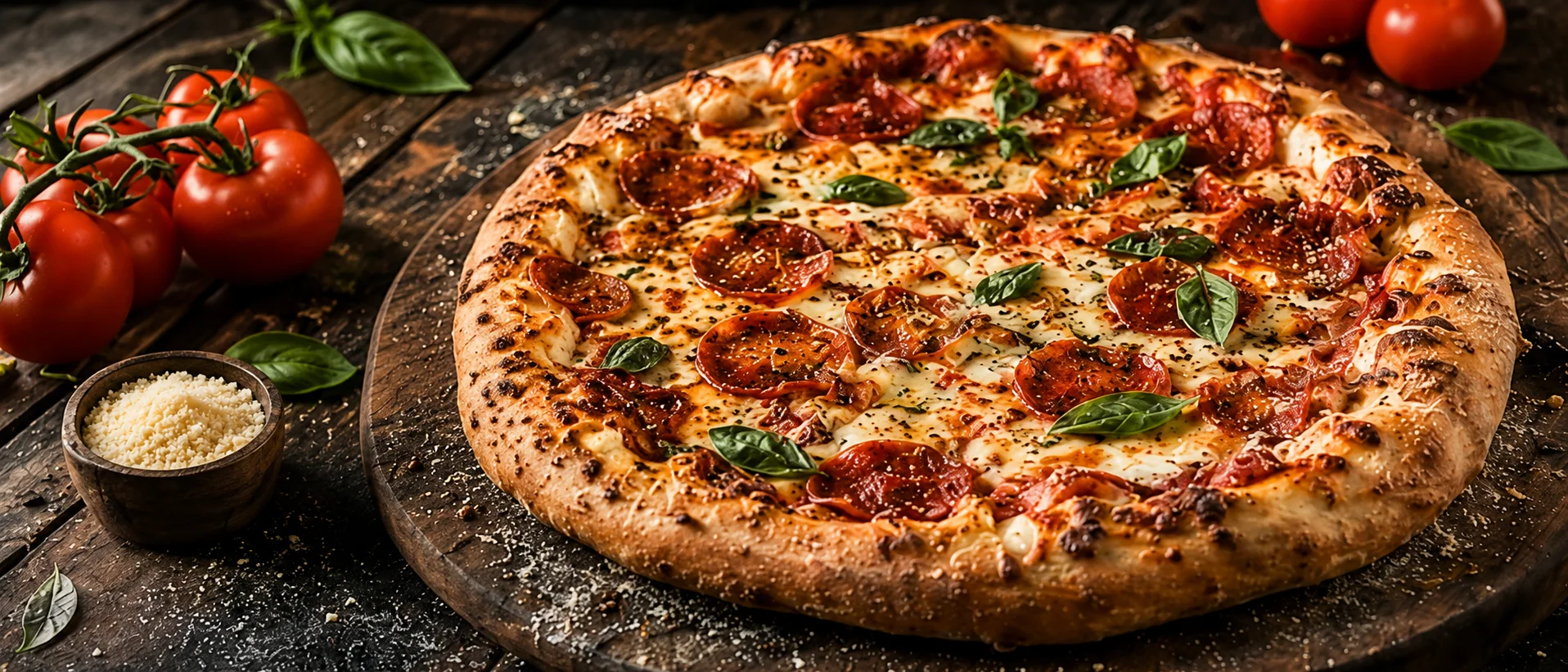 Pepperoni pizza with fresh basil on a wooden board