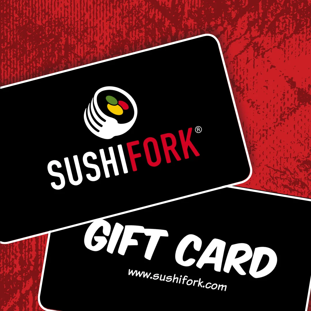 SushiFork gift card design featuring logo and vibrant colors